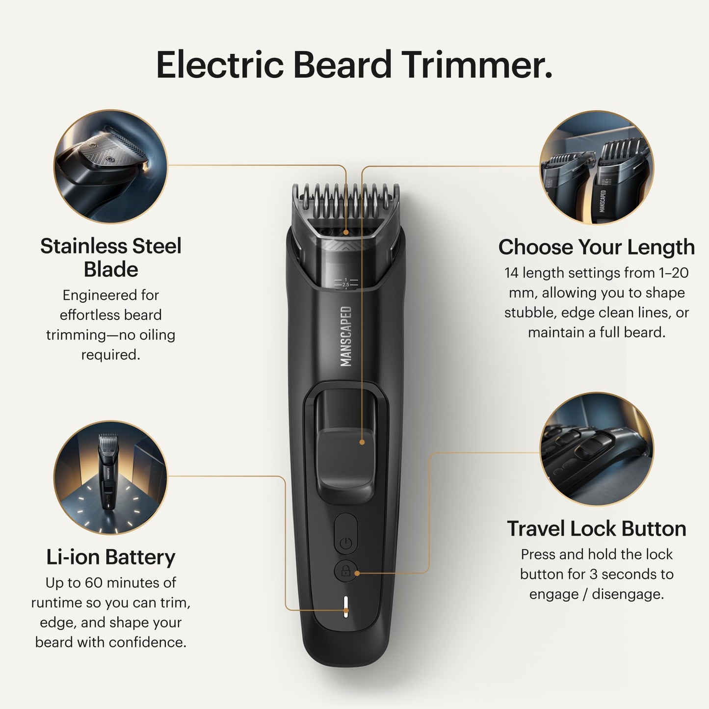 MANSCAPED® The Beard Hedger® PLUS: Recortadora ajustable de barba y bigote para hombre con 14 ajustes de longitud (1–20 mm), cuchilla de acero inoxidable, resistente al agua, bloqueo de viaje y recargable por USB-C.
