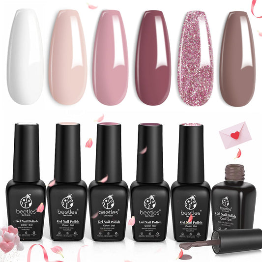 Beetles Juego de esmalte de uñas de gel romántico para boda, regalo de día festivo, día de San Valentín, 6 colores clásico francés blanco suave rosa con purpurina para dama de honor, kit de esmalte de uñas en gel para remojar el esmalte de gel UV, kit de