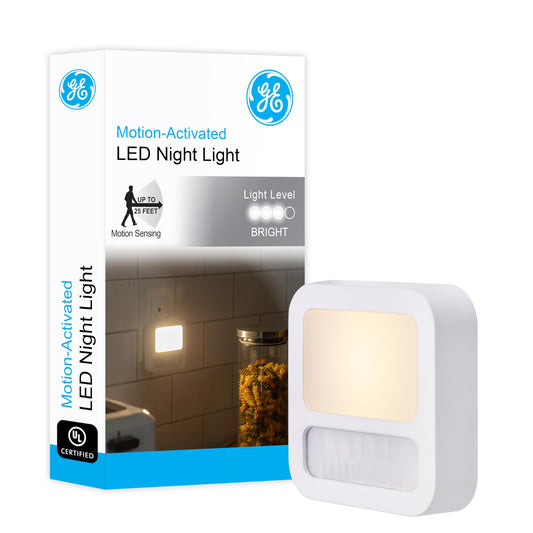 GE Luz Nocturna LED, Blanca Con Sensor De Movimiento Y Luz, 20 Lúmenes, Certificacion-UL, Moderna Ideal Para Sala De Estar, Baño, Dormitorio, Guardería, 1 Pieza, 40865