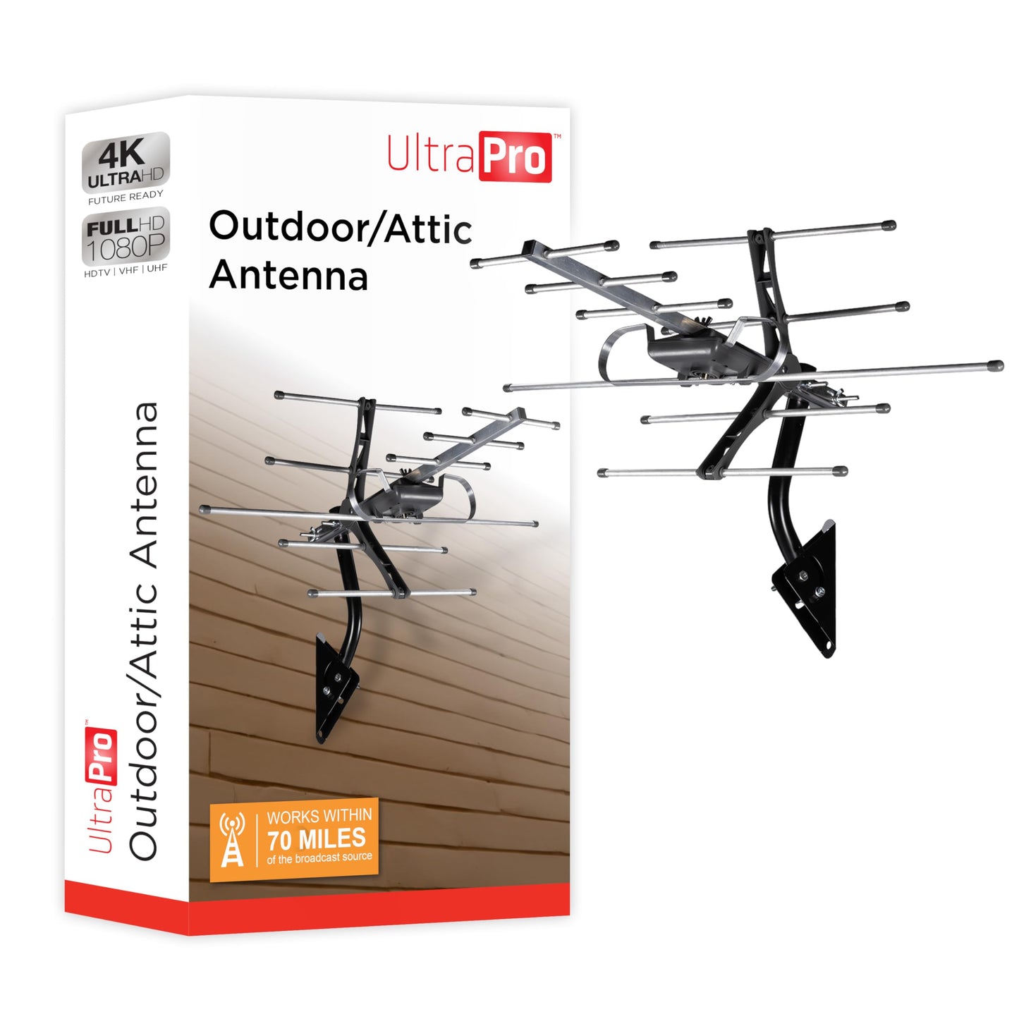 UltraPro Outdoor Antenna, Long Range Antenna, 4K 1080P VHF UHF HDTV Antenna, J Mount Included, Also Indoor Attic Mountable, Weather Resistant, 65000