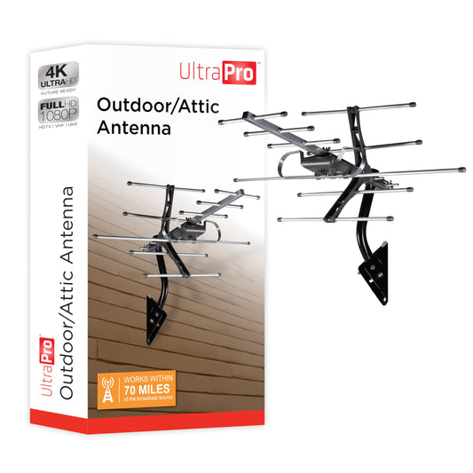 UltraPro Outdoor Antenna, Long Range Antenna, 4K 1080P VHF UHF HDTV Antenna, J Mount Included, Also Indoor Attic Mountable, Weather Resistant, 65000