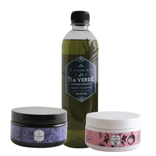 Itacate de la Tía Verde que contiene: Alcohol de la Tía Verde de romero y alcanfor; Exfoliante de café, aceite de coco y mascabado orgánico; Gel de extracto de toronja ideal para moldear el cuerpo, reducir medidas y reafirmar la piel