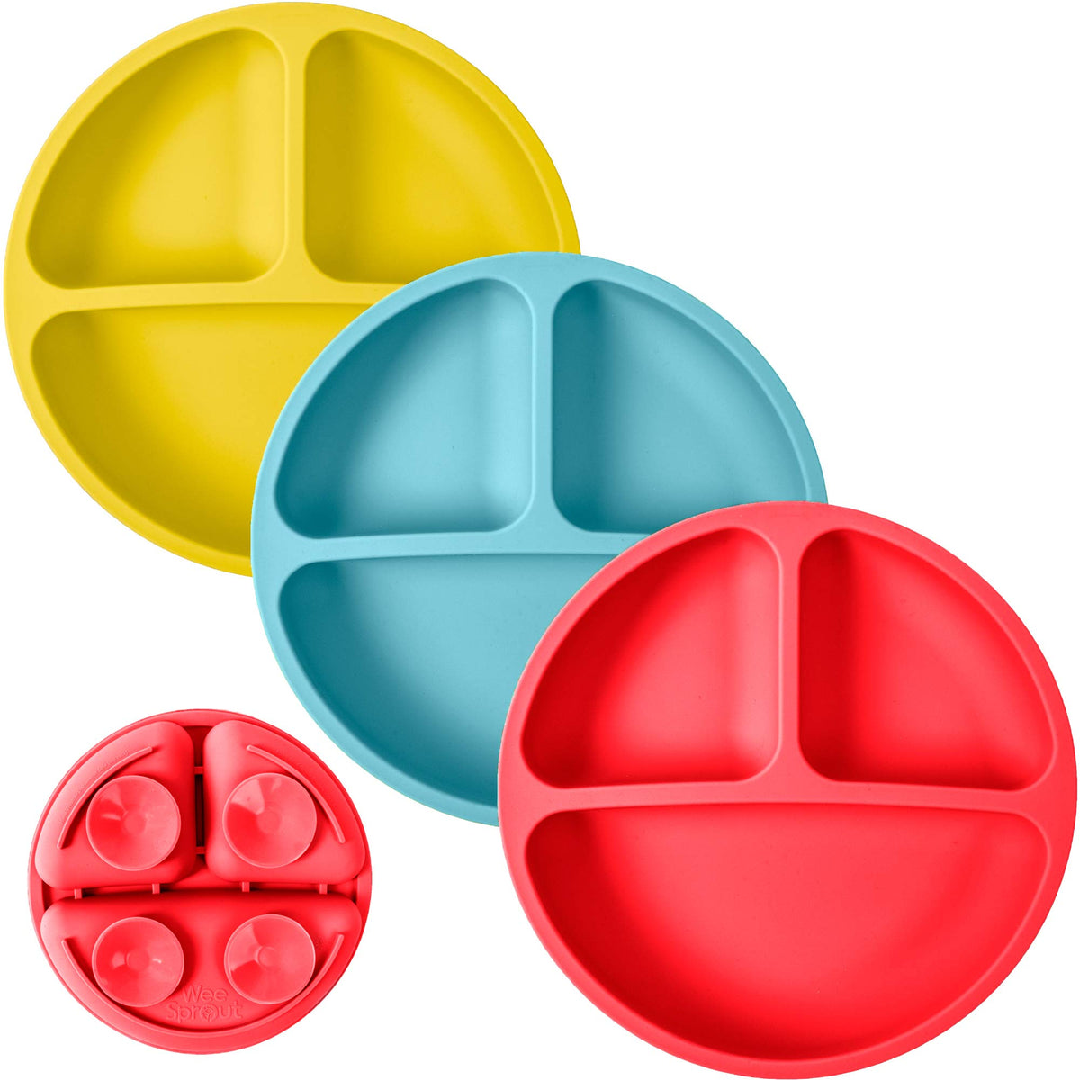 Placas de succión WeeSprout para bebés y niños pequeños - 100% silicona, vajilla que se mantiene en su lugar, diseño dividido para comedores exigentes, aptas para microondas y lavavajillas, paquete de