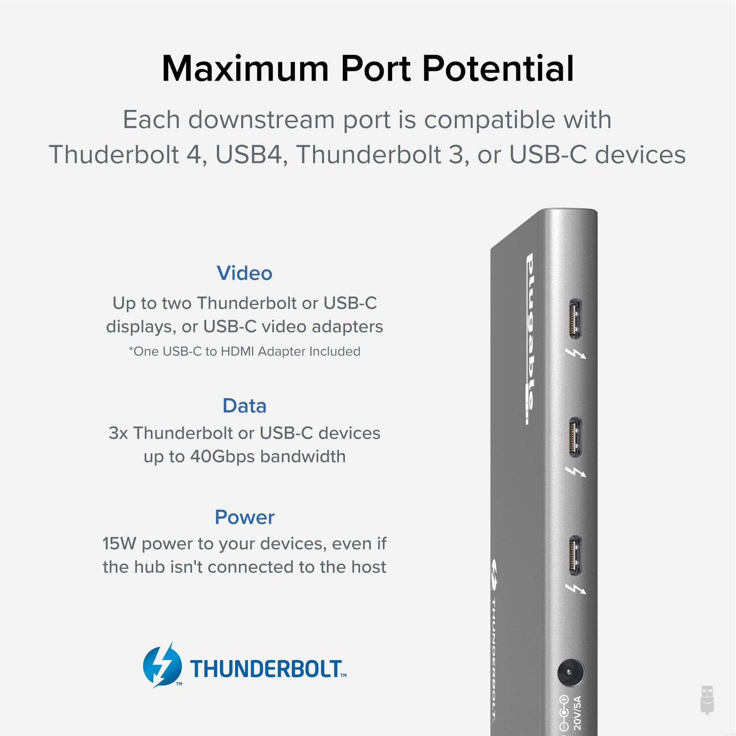 Concentrador USB4 Plugable Negro con Carga de 60 W para Pantalla única 8K o Doble 4K Compatible con Thunderbolt 4 Mac y Windows