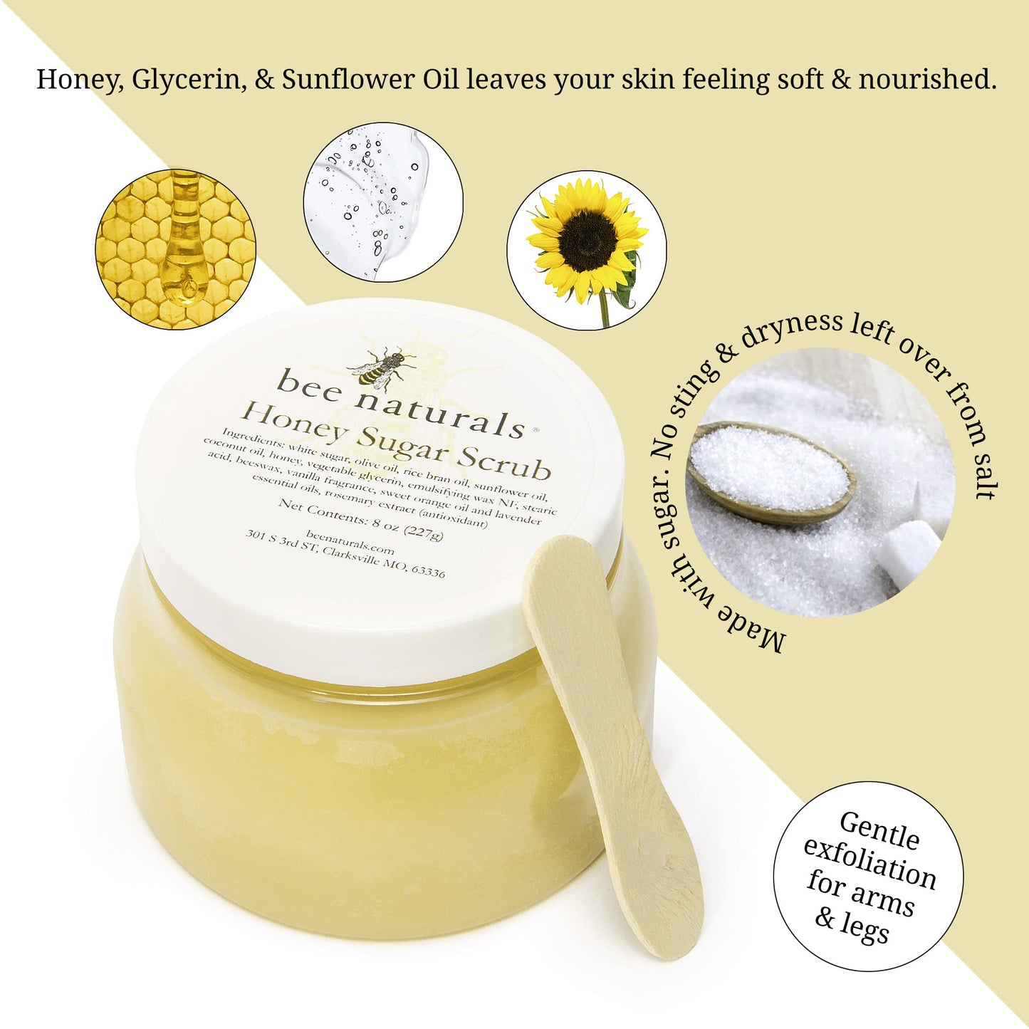 Bee Naturals Best Body Scrub - Natural Honey Sugar Exfoliator for Body, Face and Hands - Brightens, Softens, Cleans and Smoothens Skin - Gently Rejuvenates and Improves Complexion and Skin Health