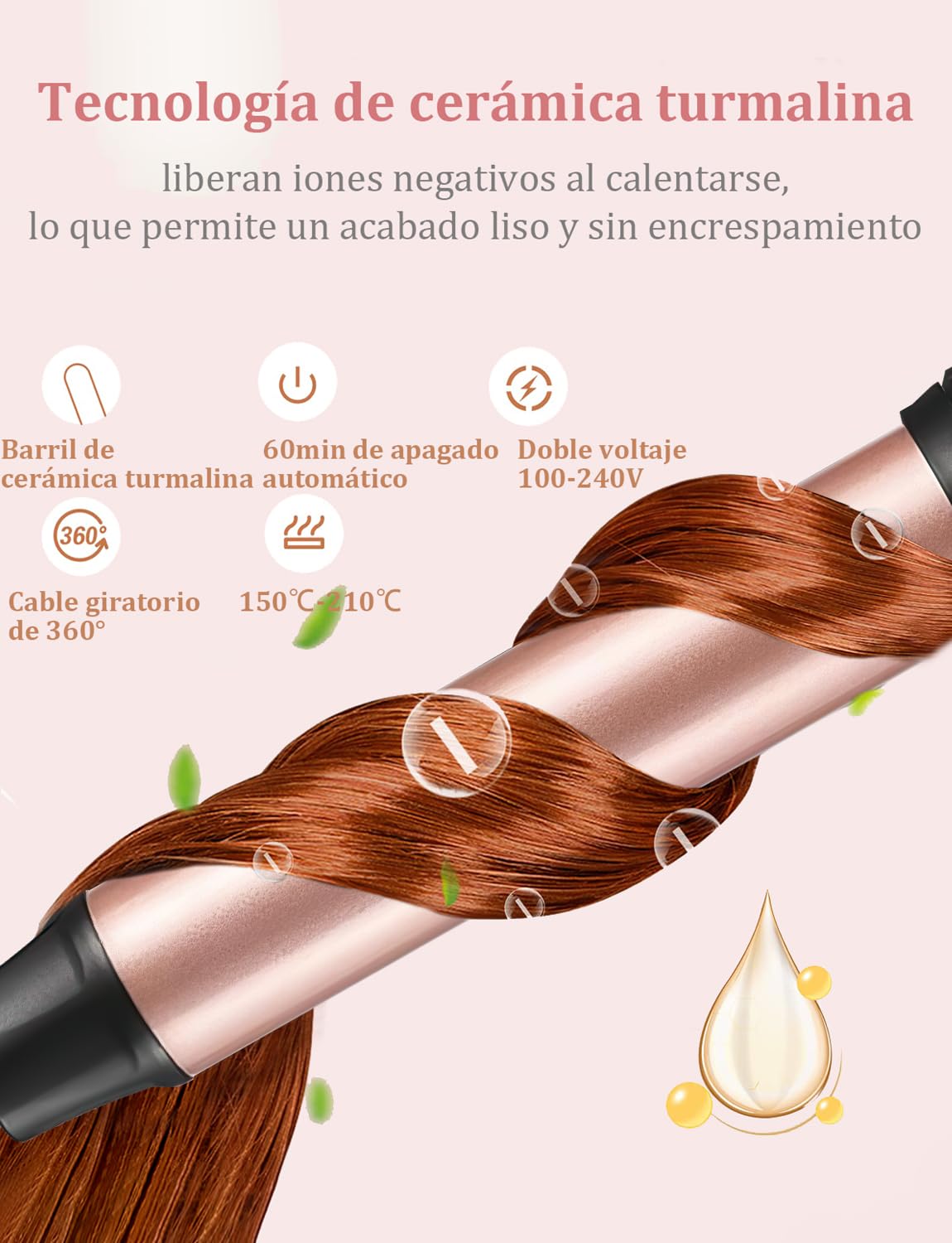 Rizador de Pelo 5 en 1 con Guantes y Peines - Calentamiento Instantáneo - Herramientas de Peinado Profesionales - Pelo Largo y Corto - Ceramicas - Color Oro
