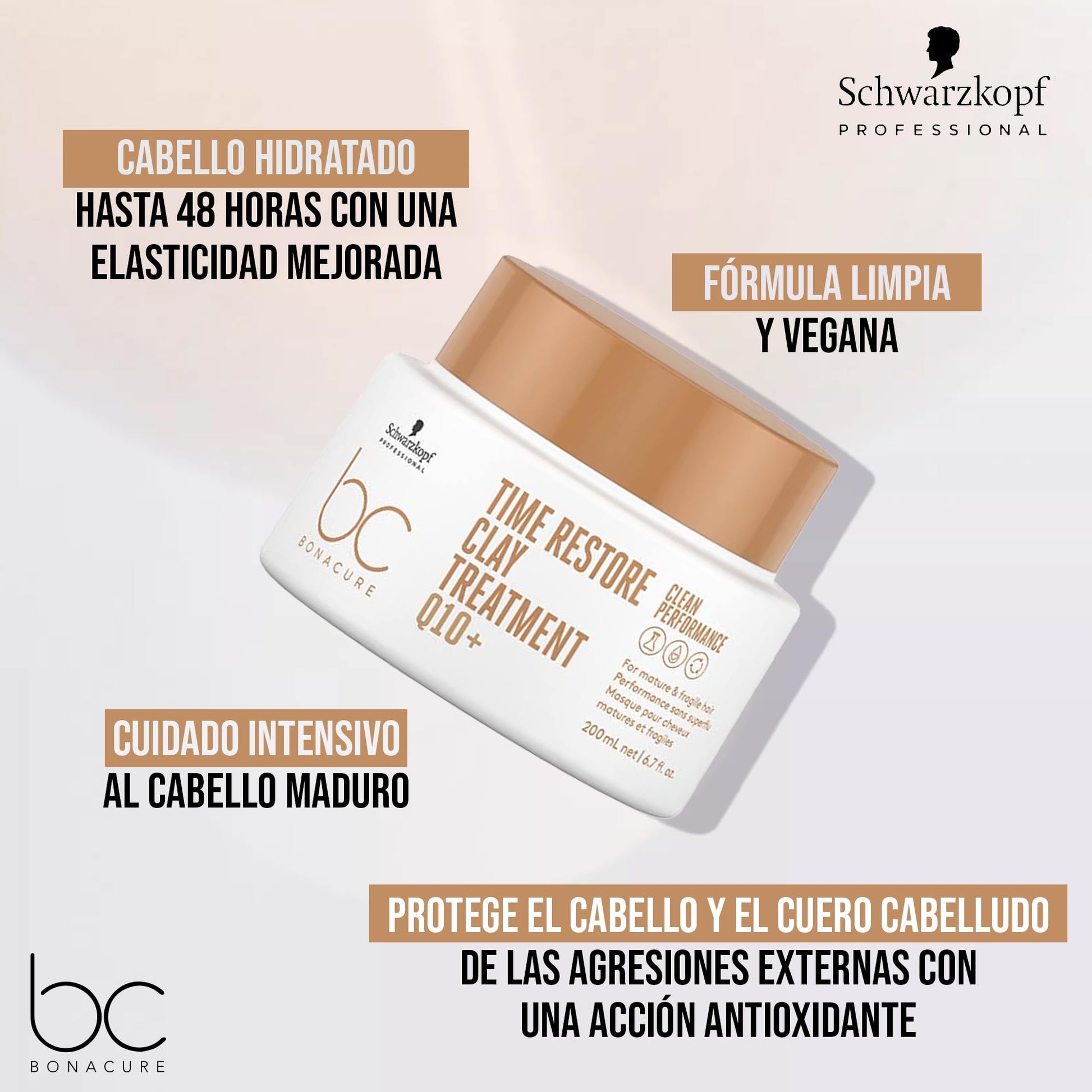 BONACURE - Time Restore Mascarilla Tratamiento de Arcila Q10+ 200 ml, Cuidado Intensivo del Cabello Maduro, Protege el Cabello y Cuero Cabelludo, Antienvejecimiento, Reactiva Cabello, Fórmula Vegana