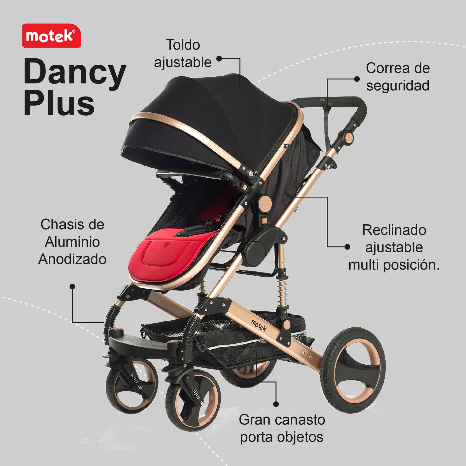 Carriola Bebe Motek Dan Plus 3 en 1 Portabebe Aluminio Negro