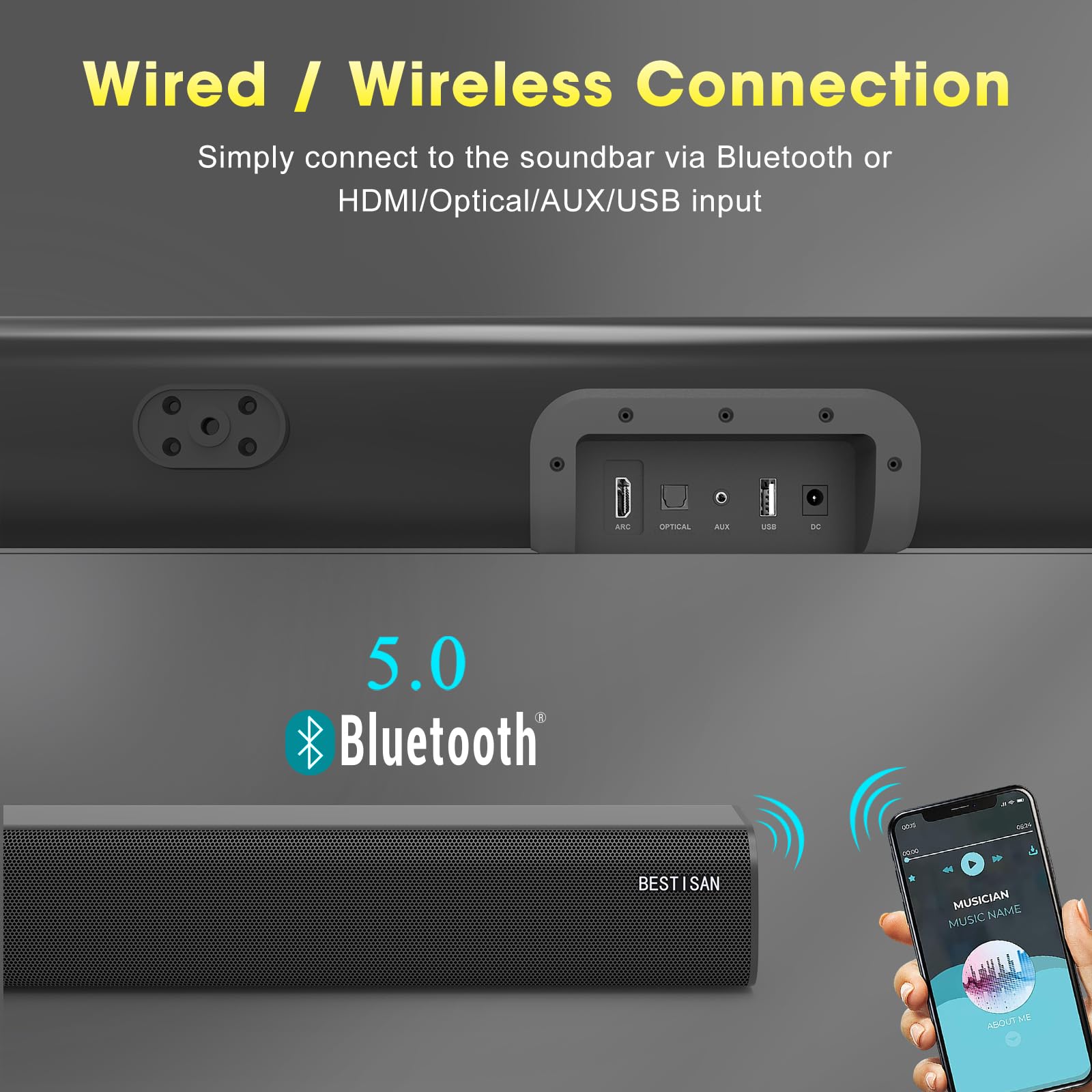 BESTISAN Barras de Sonido de 100 W para TV, Barra de Sonido con Bluetooth, HDMI-ARC, óptica, Entrada AUX, Sistema de Sonido para Altavoces de TV, Cine en casa, proyectores