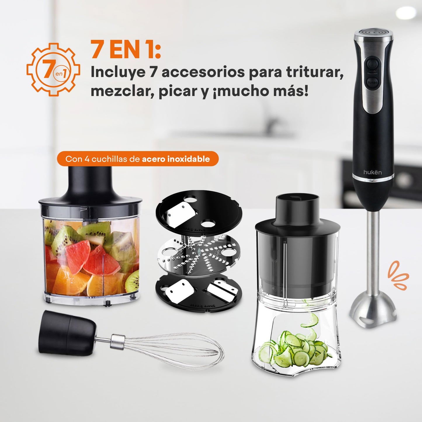 Licuadora de inmersión con Chopper MasterChef by Hukën, Espirilizador, Batidor,Acero inoxidable, Licuadora de mano, función turbo 400 W, modelo MK-HBS-7