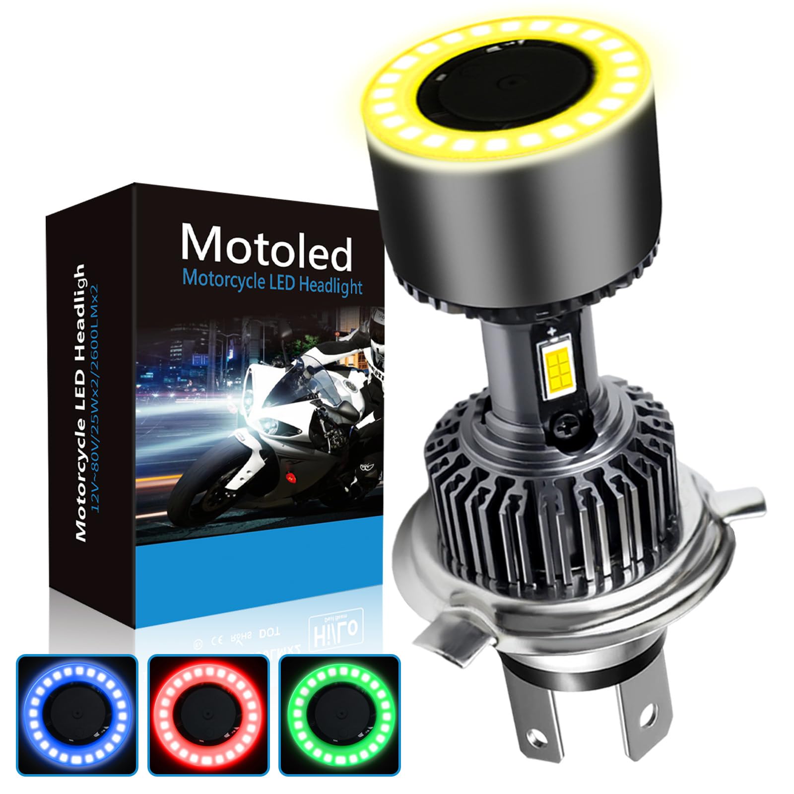AutoFast Faros LED para Moto, 4 Colores de Luz Cambiantes, H4/HS1, 60W de Alta Potencia, 8000 Lúmenes, Aluminio, Alta Calidad, Fácil de Instalar, Compatible con Varios Vehículos, 1pc