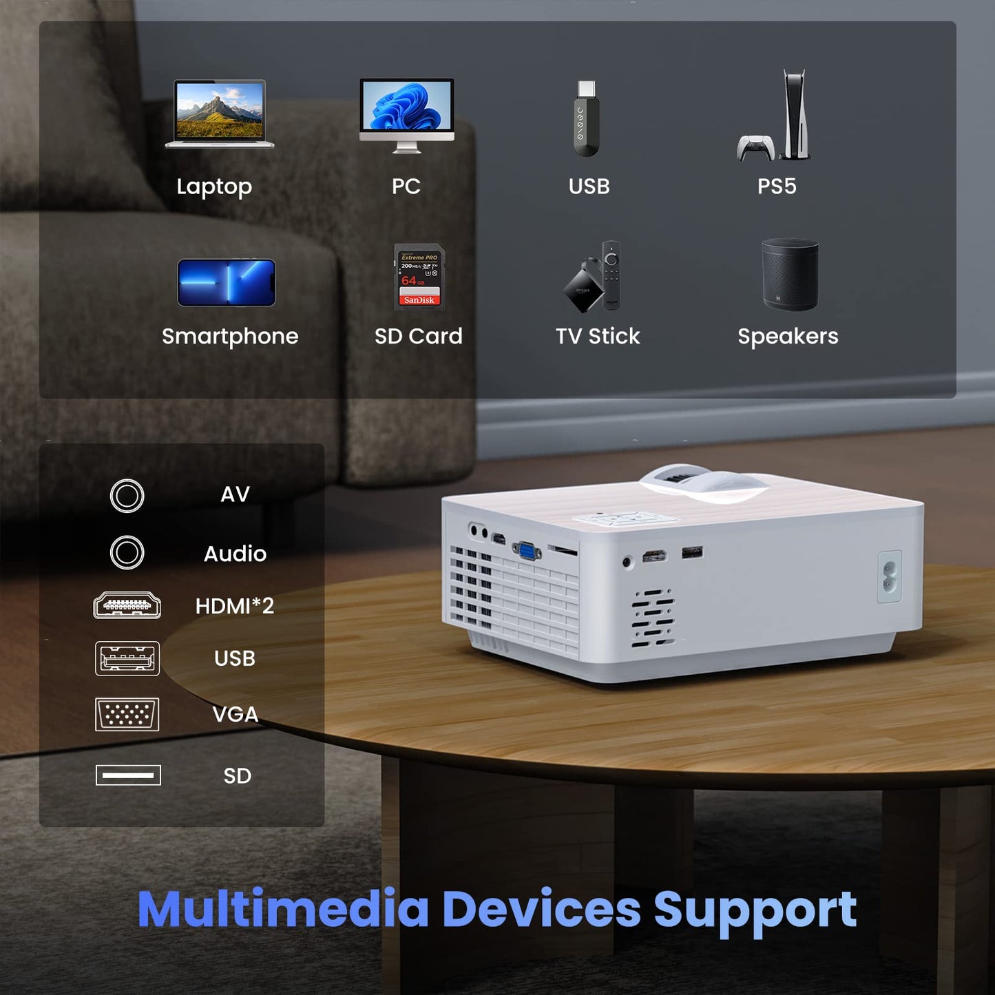 Groview Proyector, Mini proyector Bluetooth 1080P con visualización de proyector de 100 Pulgadas, para Exteriores 9500 Lux para teléfono, Compatible con VGA/HDMI/USB/SD/Laptop/Fire Stick/PS5, T6