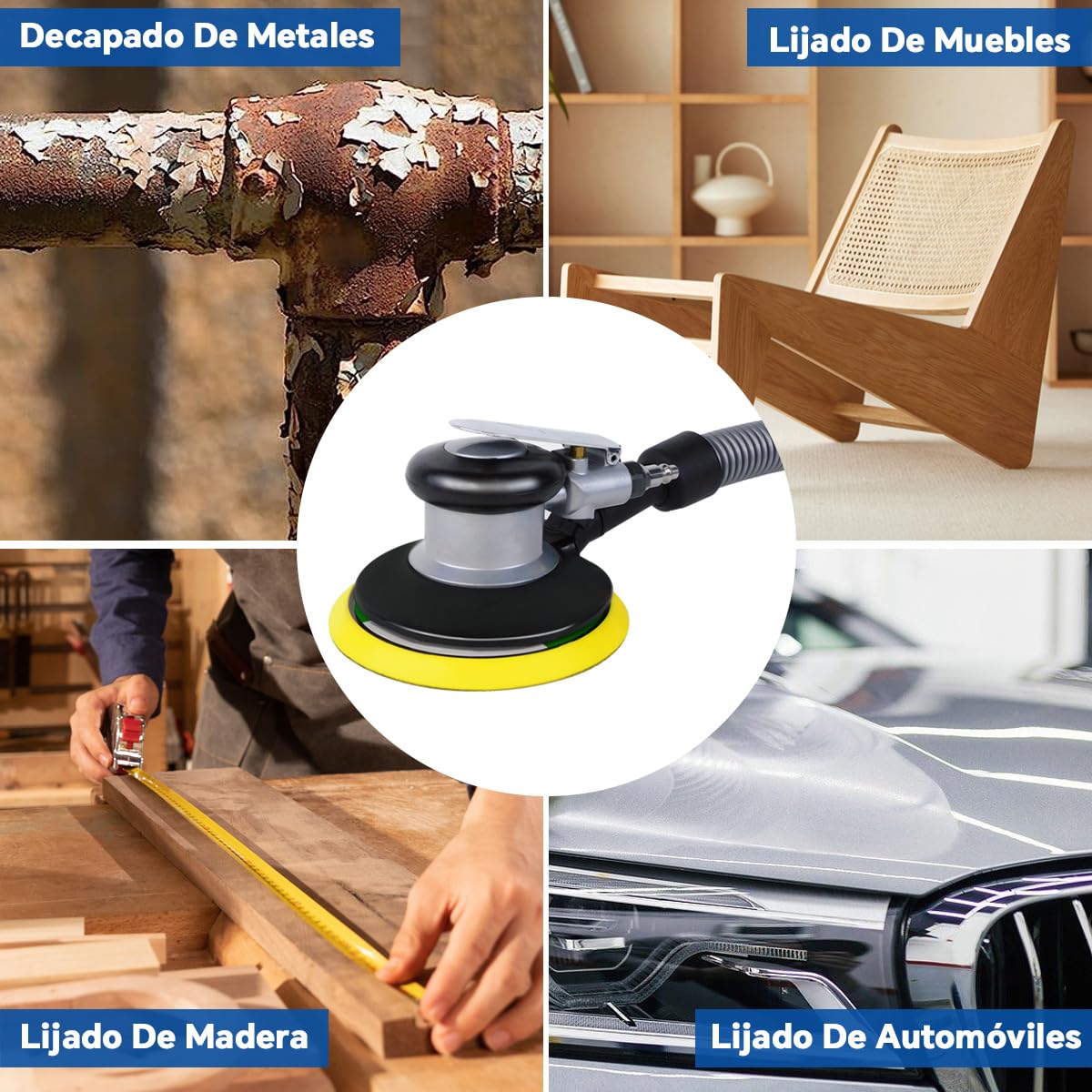 Lijadora Orbital Neumática 6'' Pulgadas, Lijadora Orbital Industrial Aleatoria Palma de Aire 12000 RPM con 6 Papeles de Lija Para Pulidor de Madera de Metal y Trabajo de Carrocería de Auto