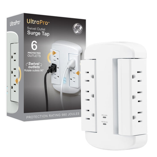 GE 81781 - Extensor de 6 Tomas, Protector de sobretensión, Acceso Lateral Giratorio, Adaptador de Llave de Pared, 3 Puntas, 980 Julios, listado ETL, Color Blanco