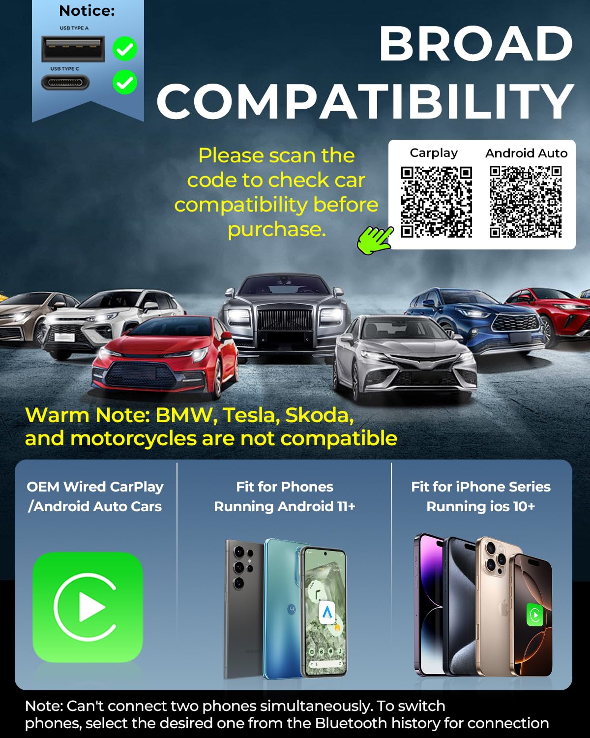 Adaptador Inalámbrico AuroraLink Azul 2 en 1 Rápido y Estable para CarPlay y Android Auto