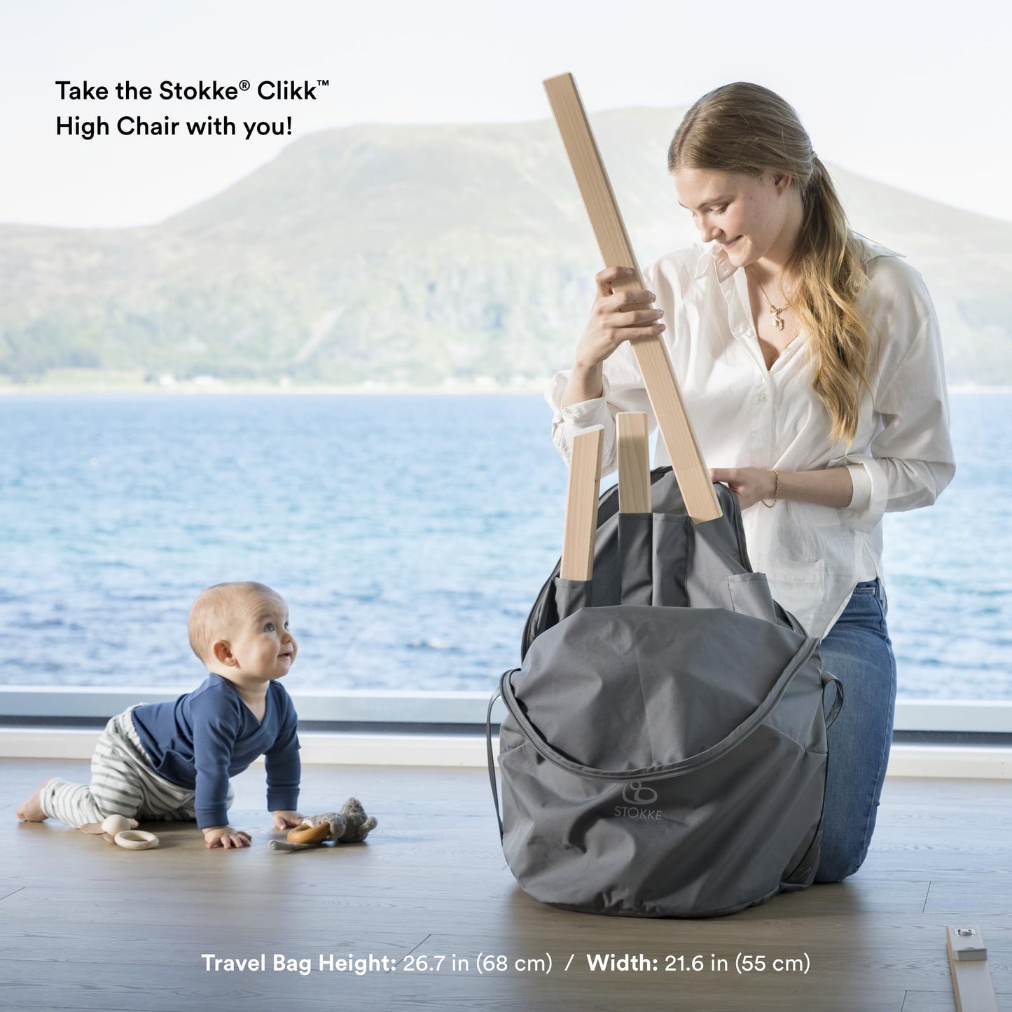 Silla Stokke Clikk con cojín Clikk (gris nórdico) + bolsa de viaje - Incluye bandeja y arnés - Ligera, duradera y fácil de transportar - Ideal para bebés de 6 a 36 meses o hasta 15 kg