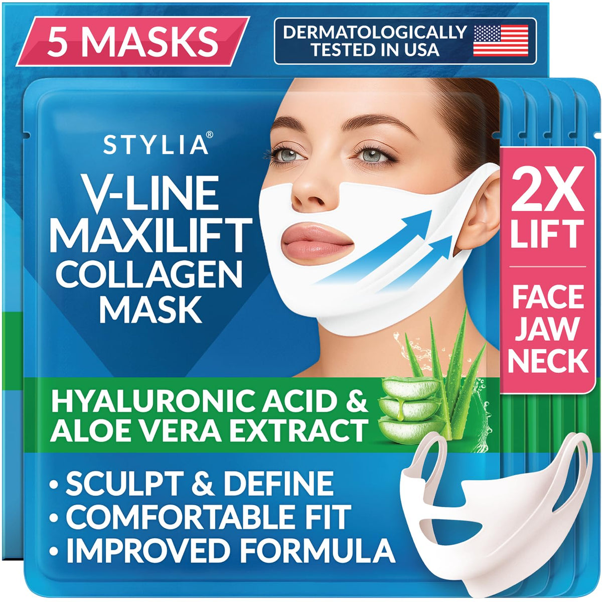 Stylia Mascarilla facial de colágeno MaxiLift V-Line Lifting - Doble mentón - Reductor de mandíbula - Mascarilla reafirmante y tensora de cuello con ácido hialurónico y aloe vera - Mentonera para dorm