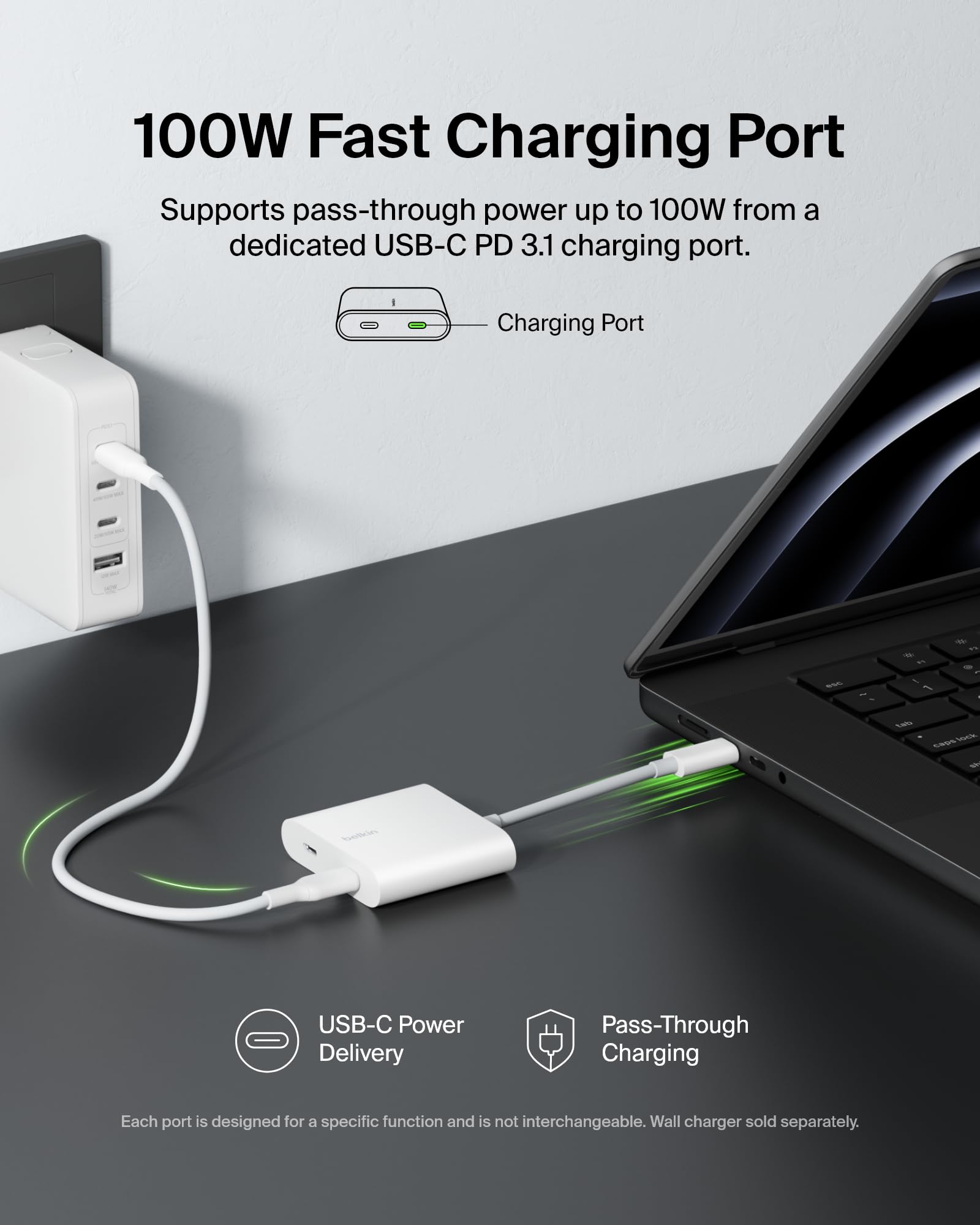 Belkin Connect USB-C Power & Data Splitter, concentrador de Doble Puerto con 1 Puerto USB-C 3.2 Gen2 y 1 Puerto PD de 100 W para Carga simultánea y Transferencia de Datos para iPhone, iPad, Nintendo