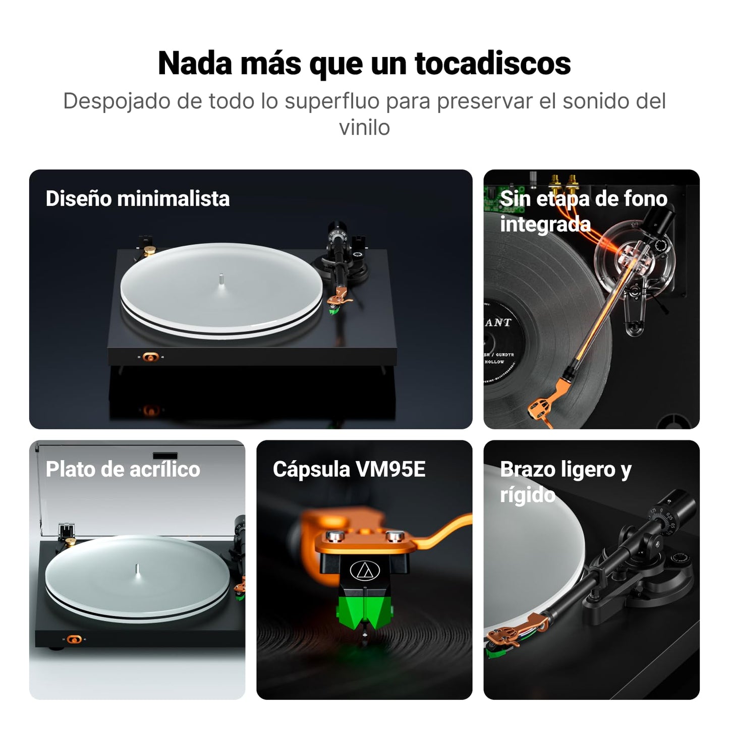 Fosi Audio Luna3 Tocadiscos estéreo impulsado por correa y reproductor de discos de vinilo de alta fidelidad con cartucho VM95E | Totalmente manual | 2 RCA | 2 velocidades | Anti-resonancia |