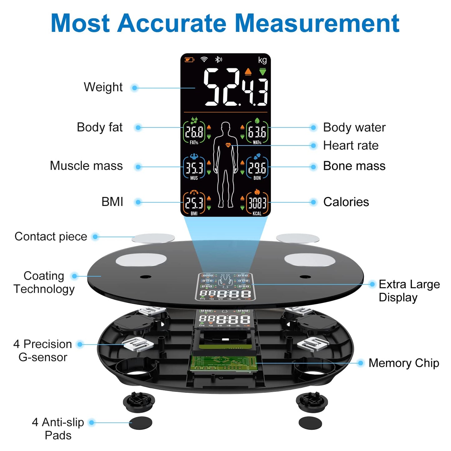 INSMART Báscula de grasa corporal para personas digital con aplicación, báscula Bluetooth para frecuencia cardíaca, grasa corporal, IMC, peso, masa muscular, agua, proteínas, músculos esqueléticos