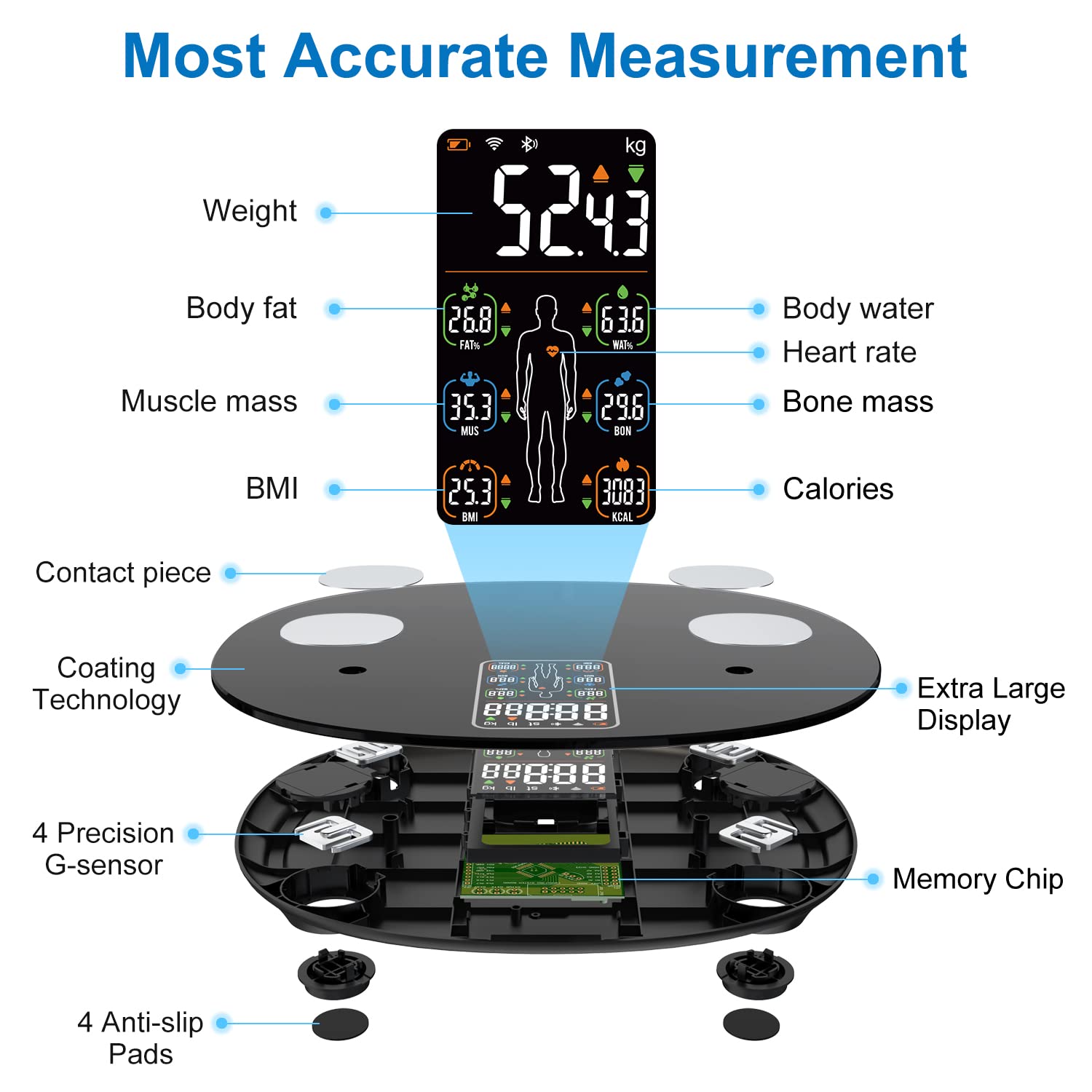 INSMART Báscula de grasa corporal para personas digital con aplicación, báscula Bluetooth para frecuencia cardíaca, grasa corporal, IMC, peso, masa muscular, agua, proteínas, músculos esqueléticos
