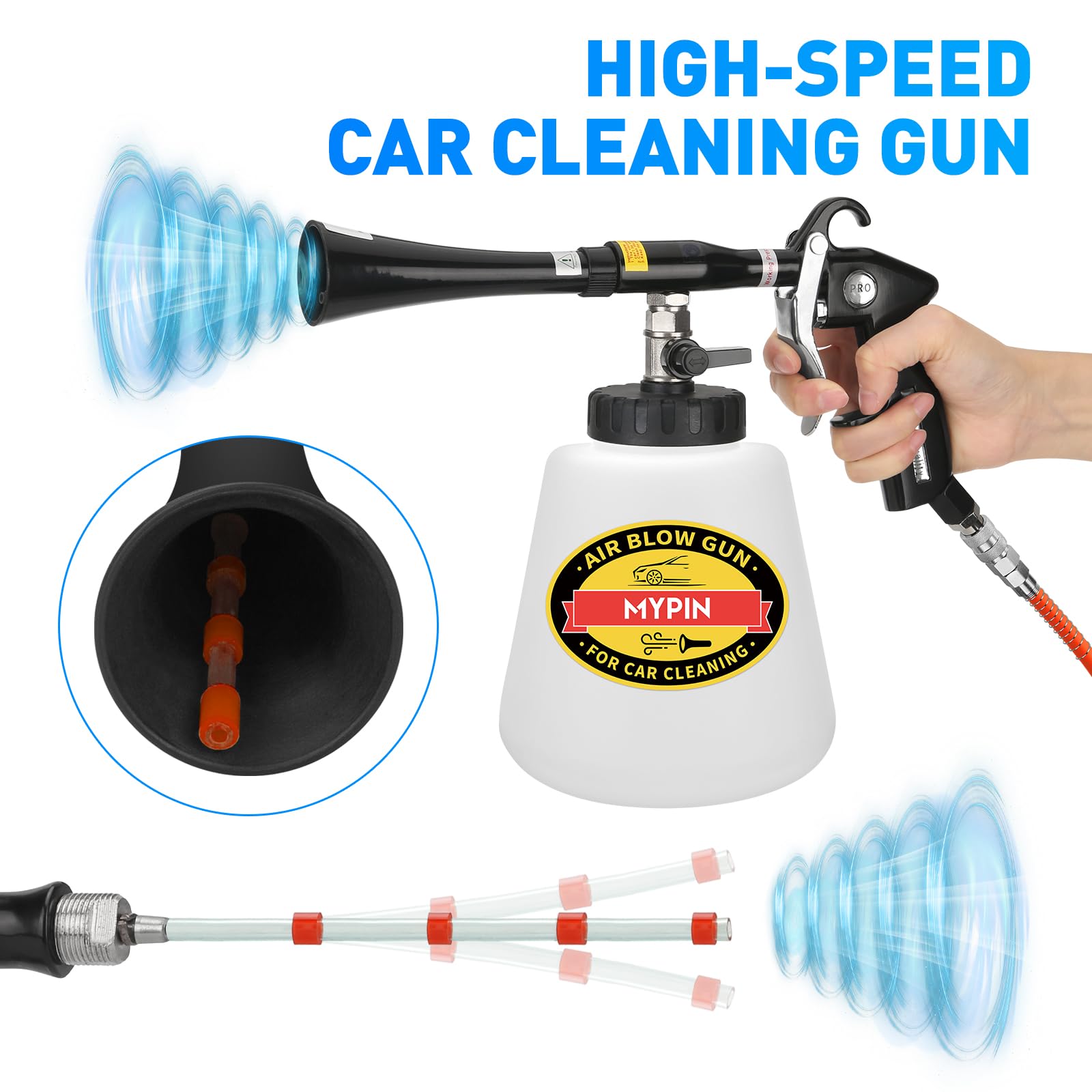 Kit de Pistola de Limpieza de Coche MYPIN Alta Presión con Boquillas para Tapicería y Asientos de Vehículos