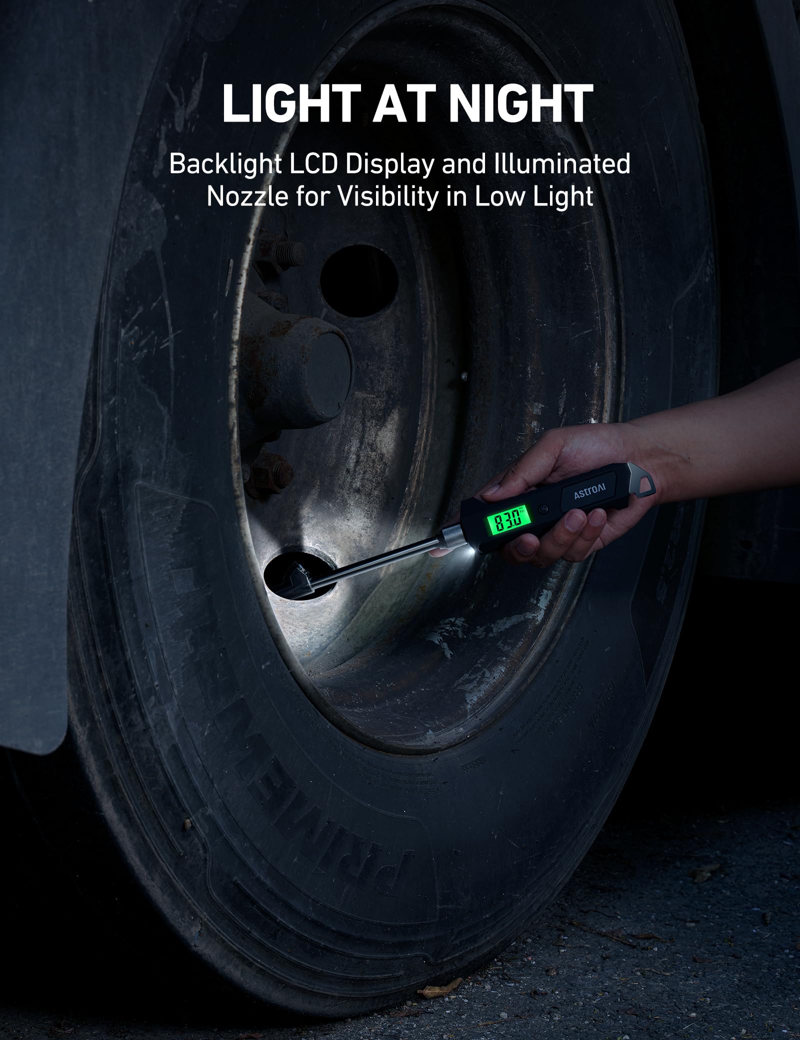 AstroAI Medidor de Presión para Llantas Camiones, Caravanas SUV, Furgonetas, Manómetro Digital de Presión Aire con Doble Rosca, Luz, 230PSI