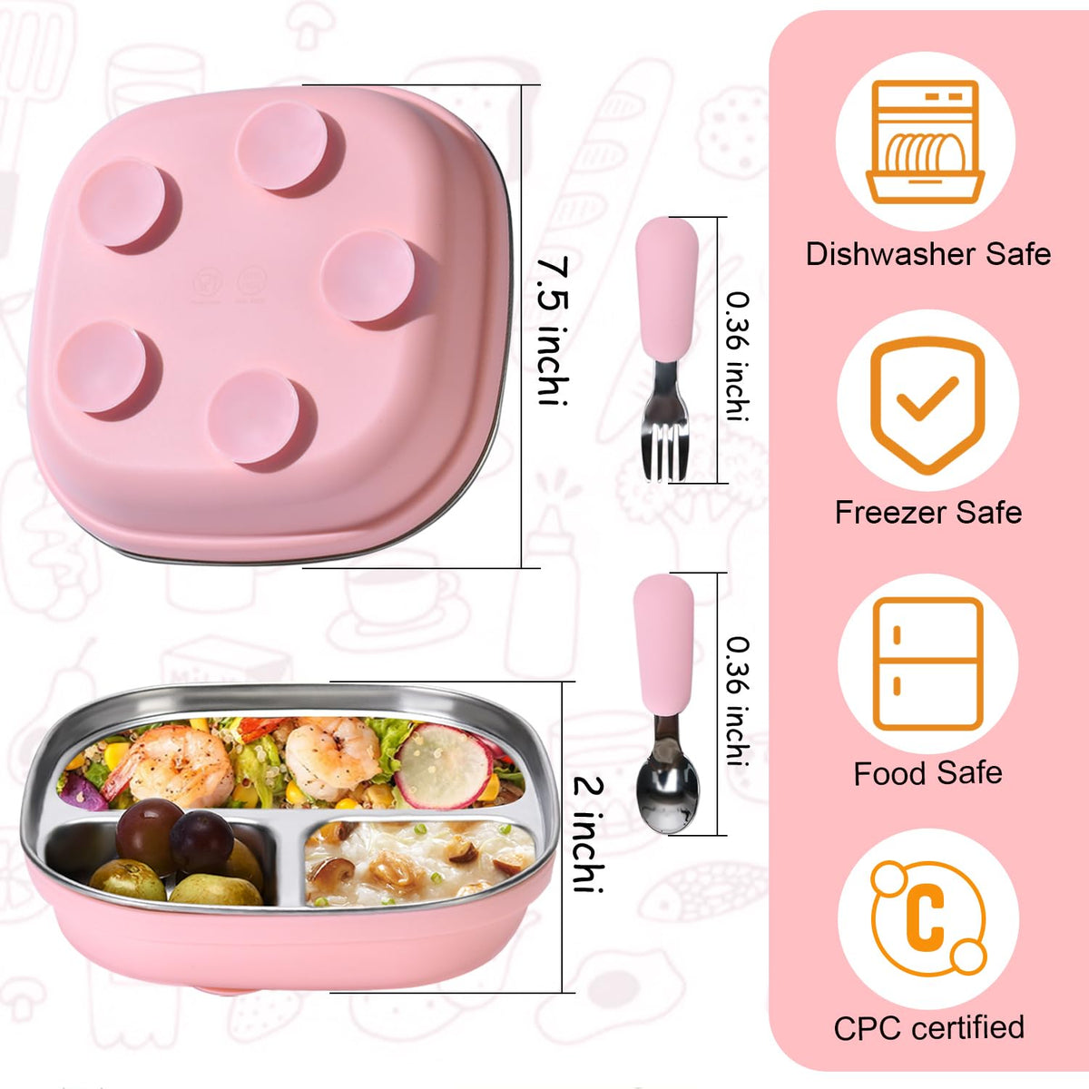 Paquete de 2 platos de acero inoxidable para niños con succión, borde alto de 7.75 pulgadas, a prueba de derrames, 2 cucharas y mangas extraíbles, aptos para microondas y lavaplatos, sin BPA