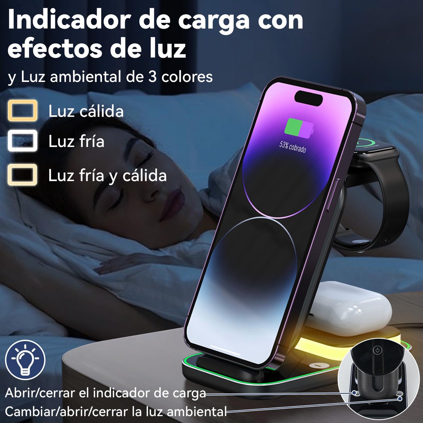Cargador inalámbrico 3 en 1,Estación de Carga con 18W Cable de 1M y Luz Ambiental,Compatible con Samsung Galaxy,iPhone 12/13/14/15/16/Pro/Pro Max,AirPods 2/3/4/Pro y Apple Watch SE/10/9/8/7/6/5/4