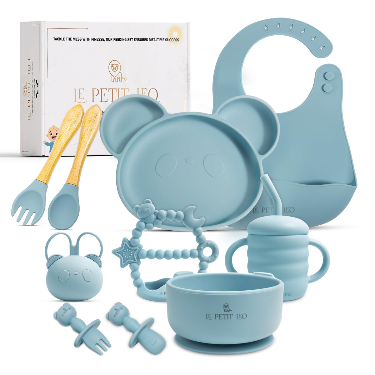Le Petit Leo - Juego de alimentación de silicona para bebé, suministros completos para destete con baberos de silicona, placas de ventosa, ventosa, taza para beber, cuchara y tenedor, utensilios para niños pequeños (cielo del bebé)