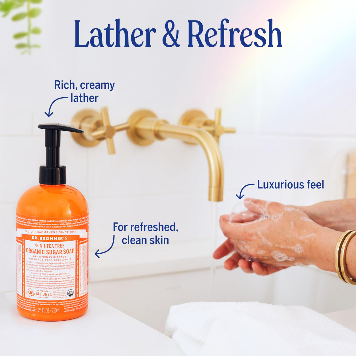 Dr. Bronner's | Jabón líquido de azúcar orgánico, elaborado con aceites vegetales, Shikakai y azúcar, usos 4 en 1: manos, cuerpo, rostro y cabello; limpia, hidrata y nutre - Árbol de Té, 1.9 L