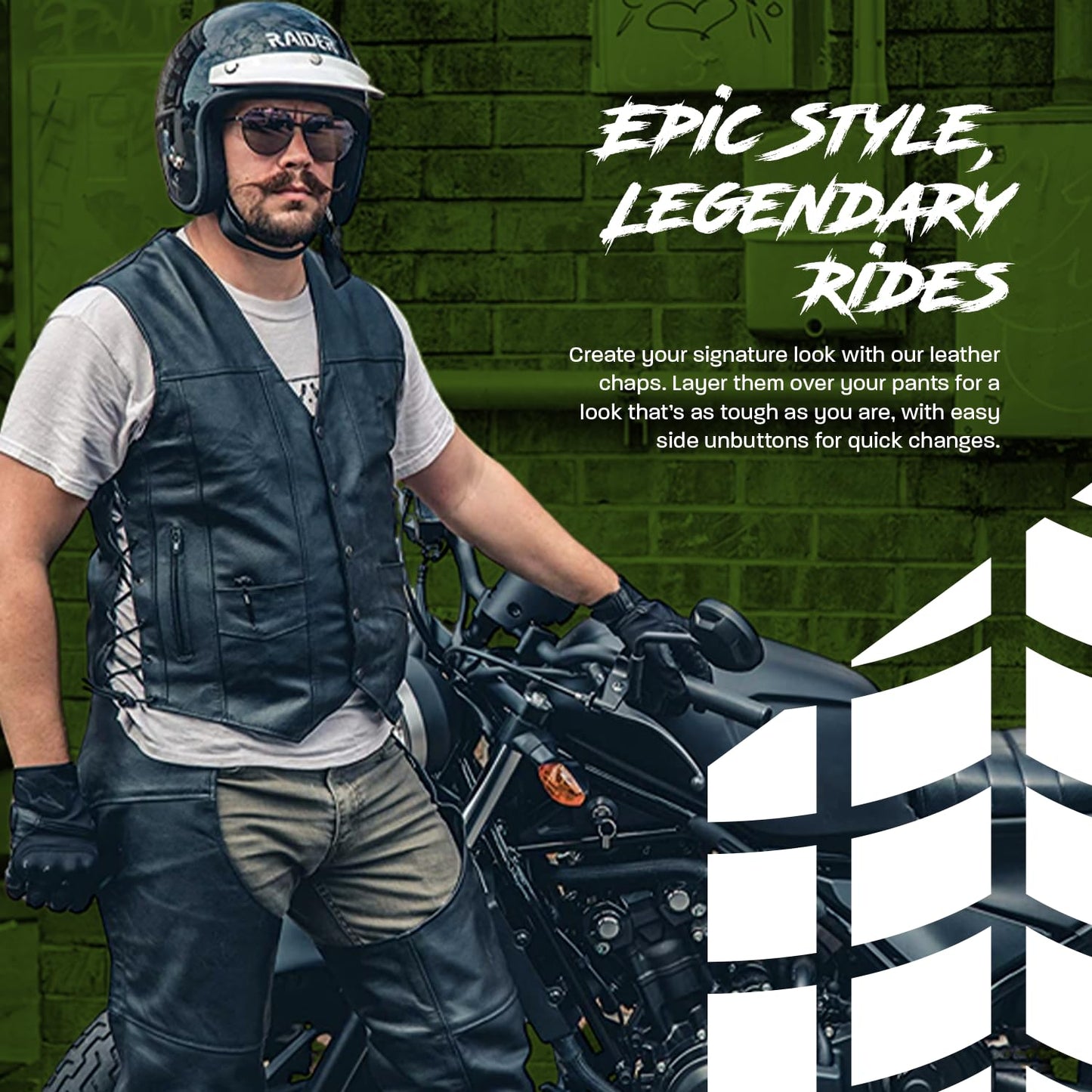 HWK - Chaparreras de cuero para motocicleta, diseño de vaquero, color negro, Negro, Waist 30''