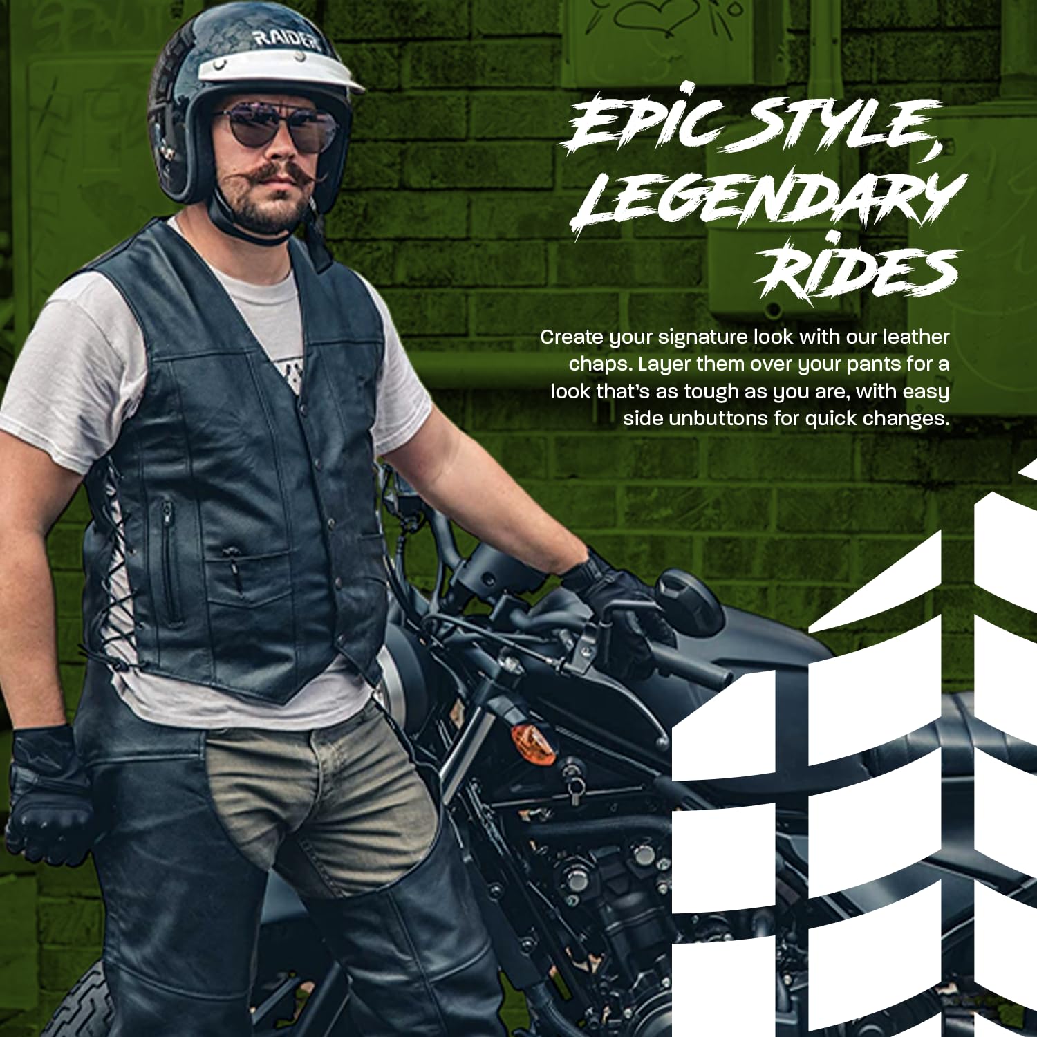 HWK - Chaparreras de cuero para motocicleta, diseño de vaquero, color negro, Negro, Waist 30''