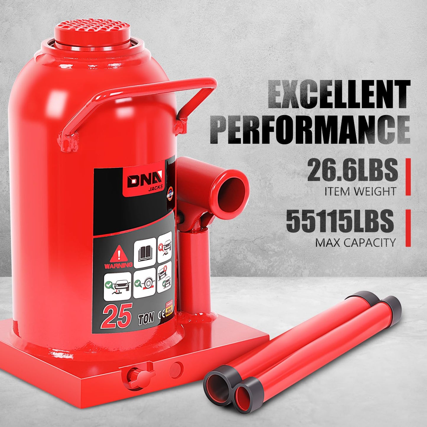 DNA MOTORING - Botella hidráulica soldada con autógena para reparación de vehículos, camionetas, camionetas, con Mango Manual, Rojo, 25 toneladas / 55.000 Libras