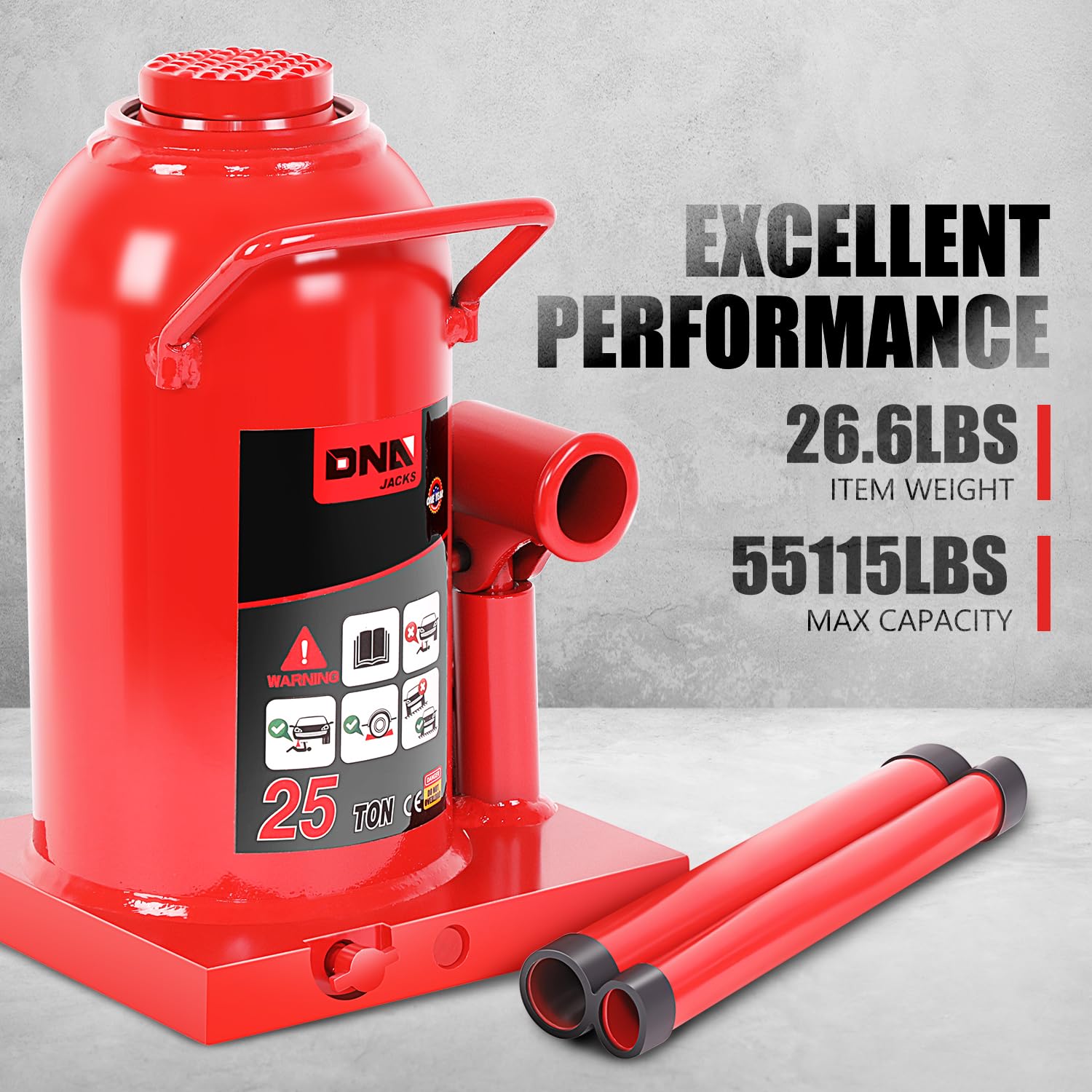 DNA MOTORING - Botella hidráulica soldada con autógena para reparación de vehículos, camionetas, camionetas, con Mango Manual, Rojo, 25 toneladas / 55.000 Libras