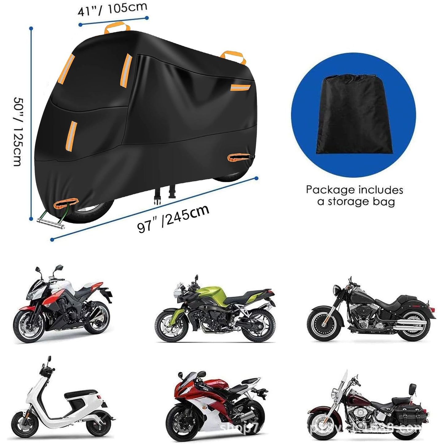 Funda Impermeable MYDEAR Negro con 5 Tiras Reflectantes y Orificios de Bloqueo para Moto o Bicicleta Exterior
