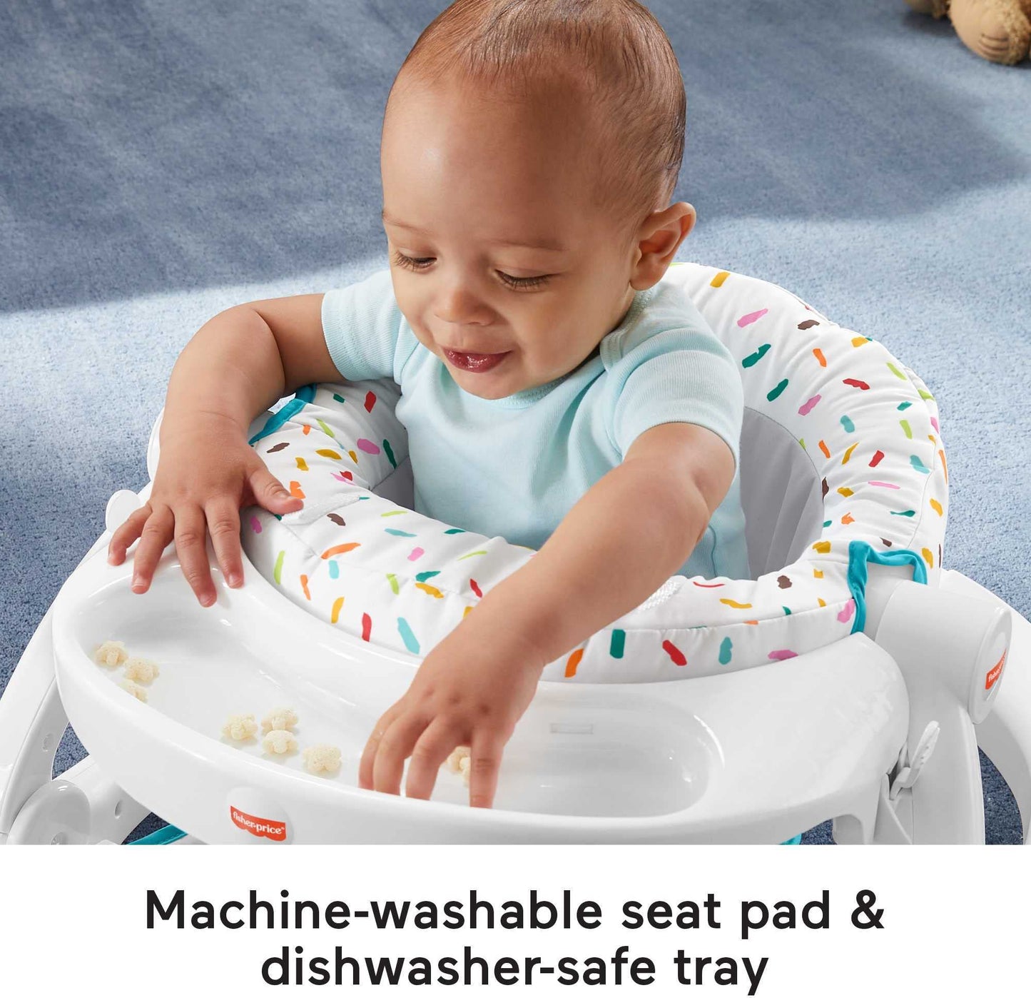 Fisher-Price - Silla portátil para bebé de lujo, asiento de suelo sentado con bandeja para aperitivos, juguetes de actividad para recién nacidos y almohadilla lavable con chorros de arco iris