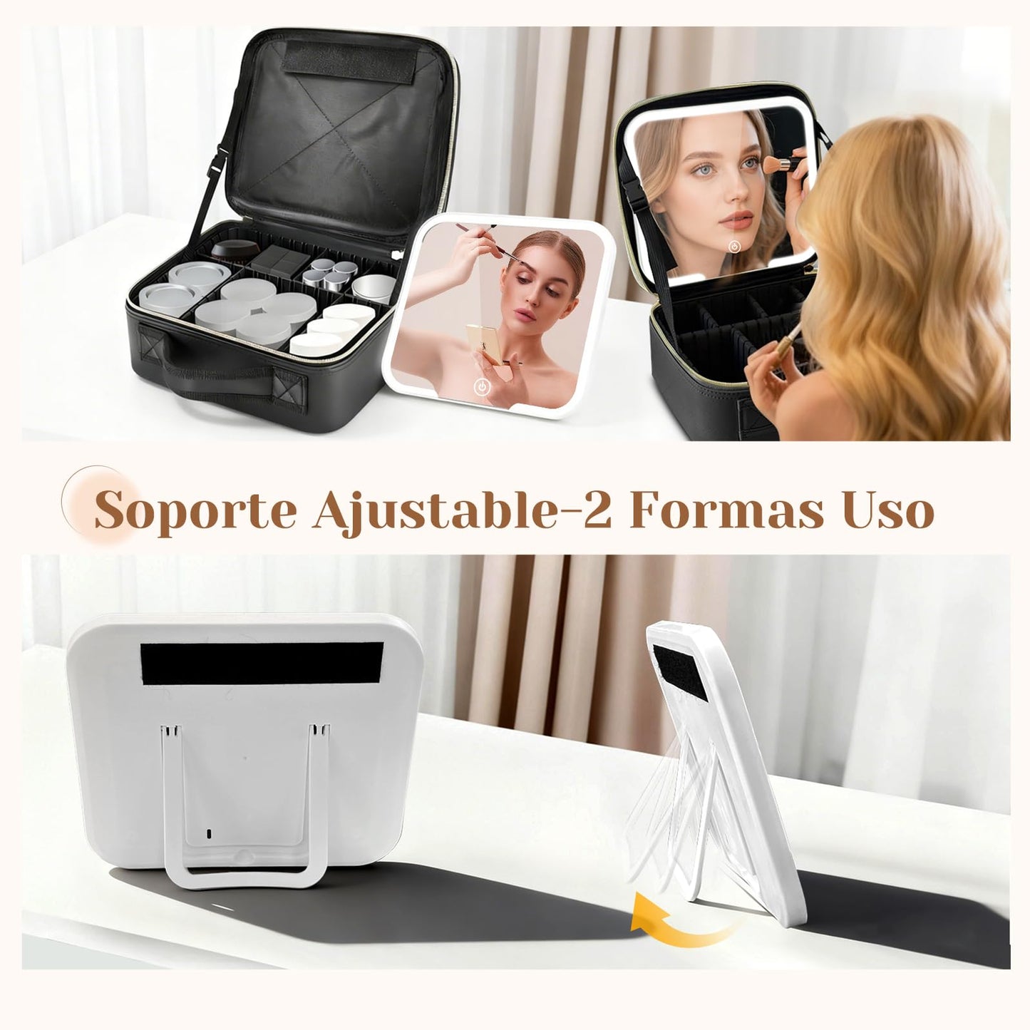 Cosmetiquera para Maquillaje con Espejo y Luz, 6 Divisores Ajustables-Beige