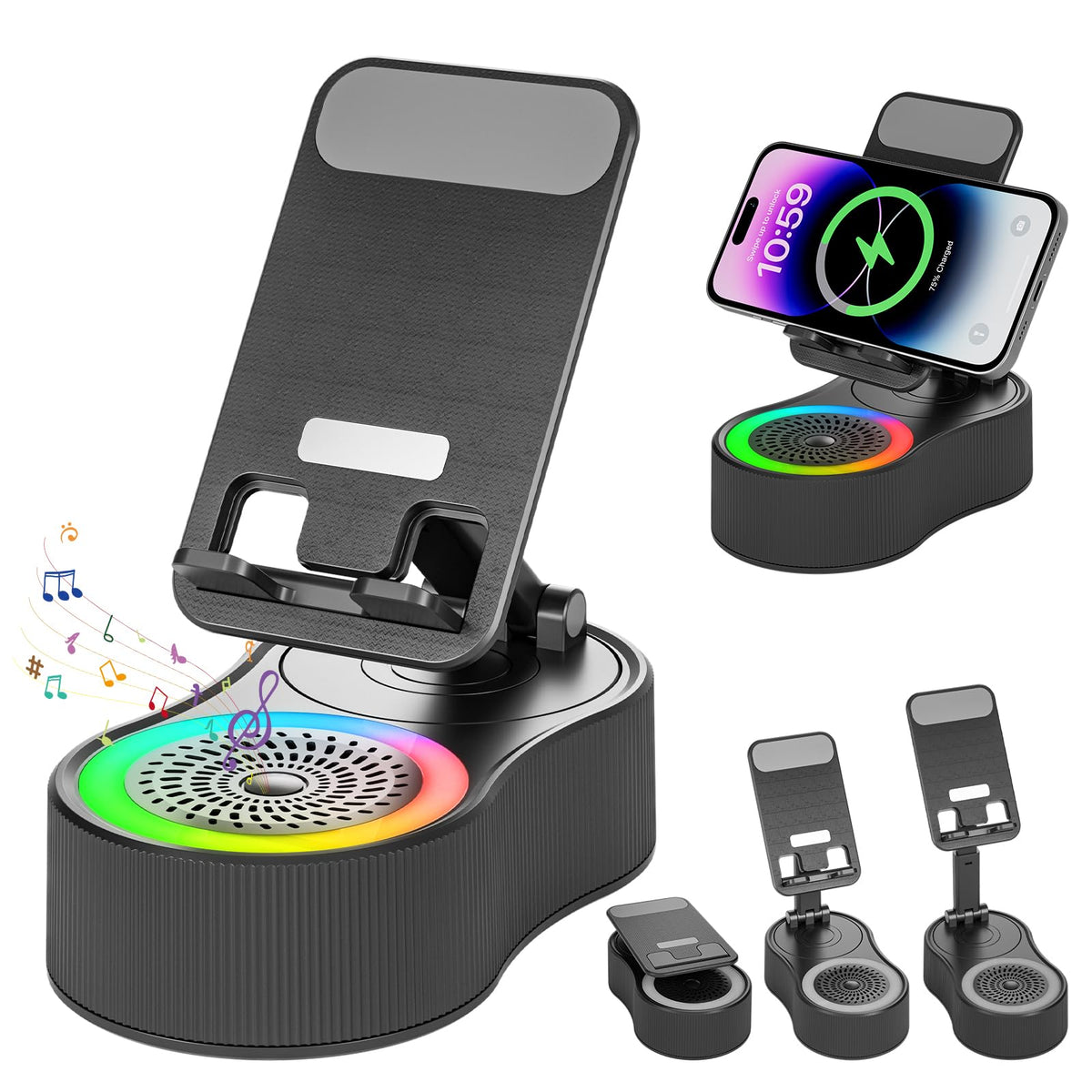Soporte para Teléfono Celular con Altavoz Bluetooth Inalámbrico Giratorio 360° y Ajustable con Carga para Tableta