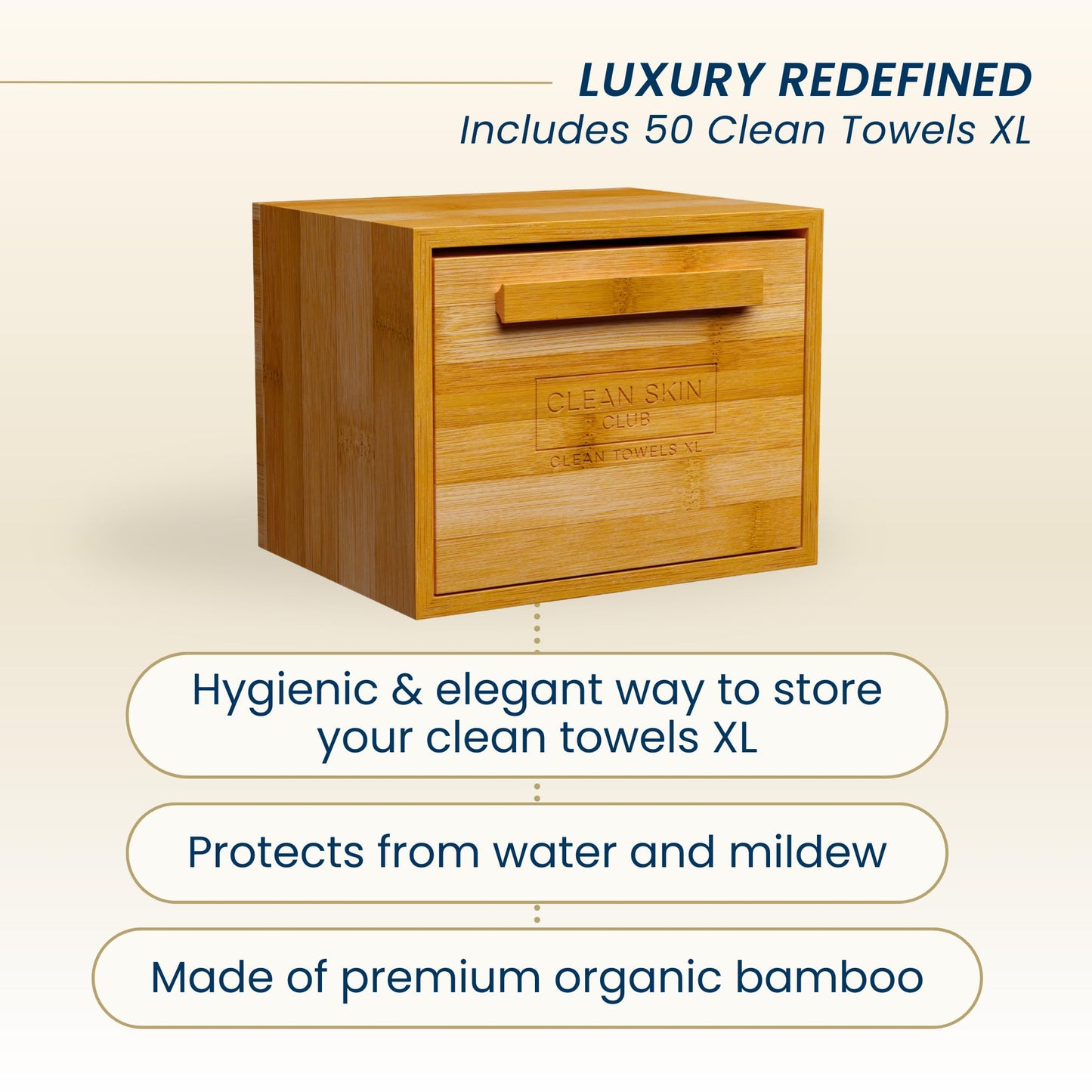 CLEAN SKIN CLUB Caja de Bambú Luxe con Cajón Y Toallas Xl, Toalla Facial, Toallitas Secas Desmaquillantes Desechables, Lavado Facial (Cajón Contenedor de Bambú) 50 Unidades (Paquete de 1)