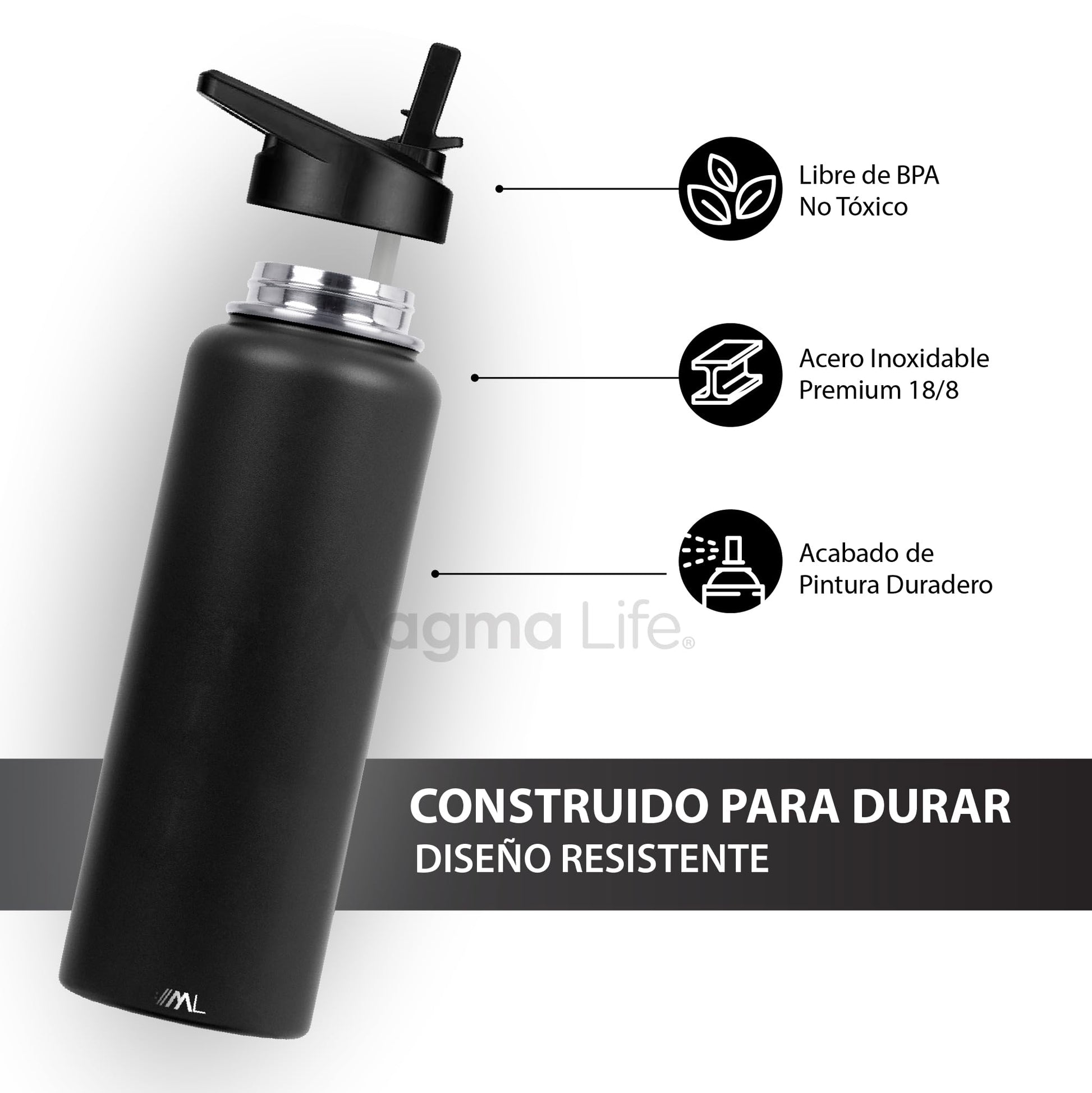 Magma Life Termo para Café y Agua de Acero Inoxidable 40 Oz (1200 ml): Contiene 3 Tapas para Diferentes tipos de Bebidas, Ideal para Mantener la Temperatura Deseada (Black)