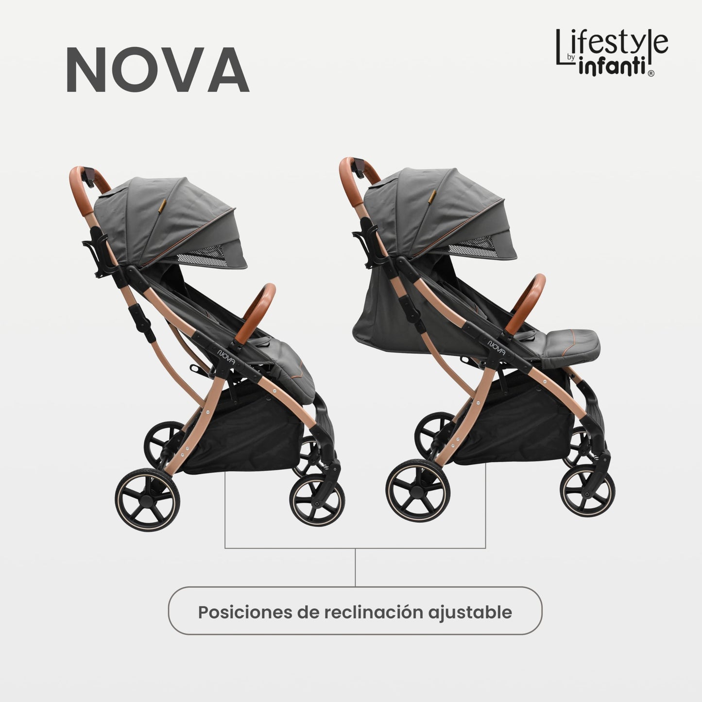 INFANTI | Carriola para Bebe Nova Gris Lifestyle | Carreola Bebé con Plegado Automático y Compacto con Arnés de 5 Puntos - Toldo Completo con Visera y Ventanilla | Reclinación Ajustable y Canastilla