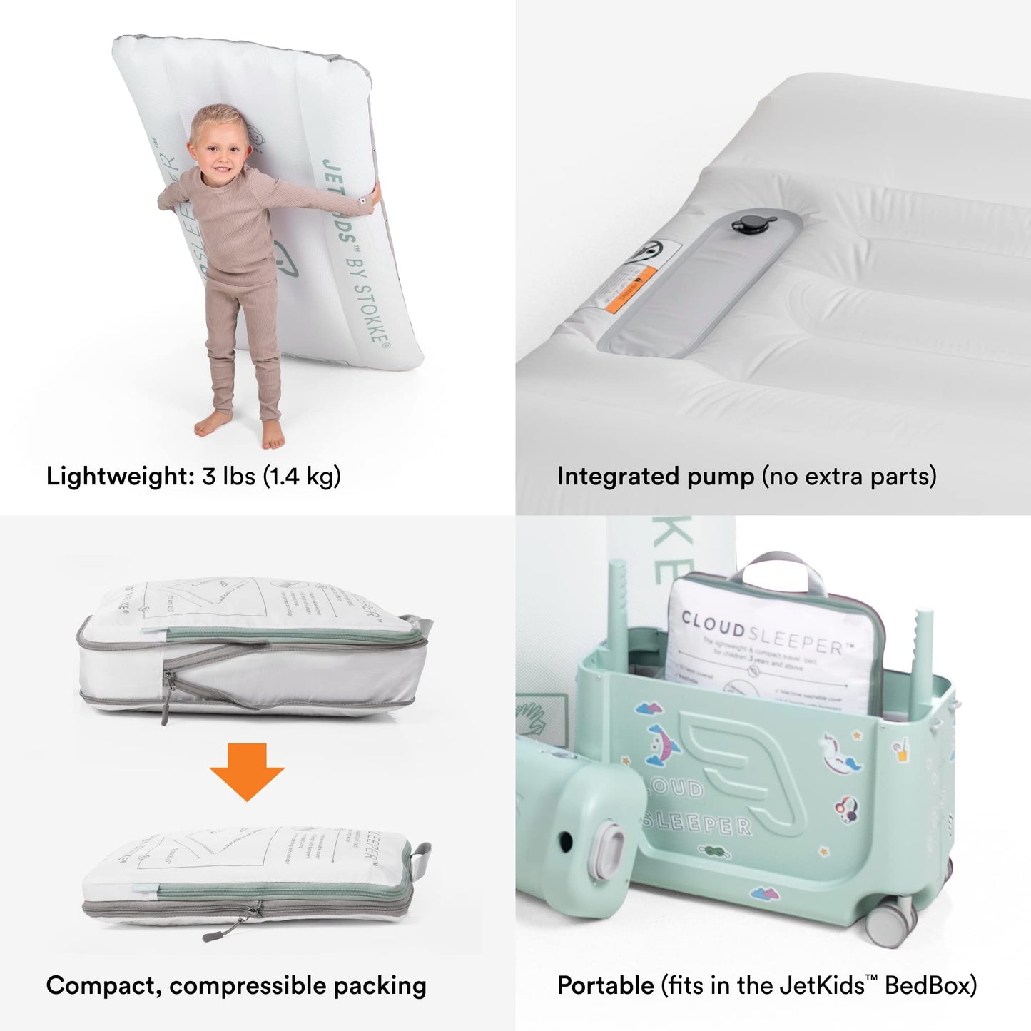 Stokke JetKids by CloudSleeper - Cama Hinchable de Viaje para niños - con Bomba de Aire integrada, Funda de Malla Transpirable y Protectores - Fácil de Limpiar - A Partir de los 3 años