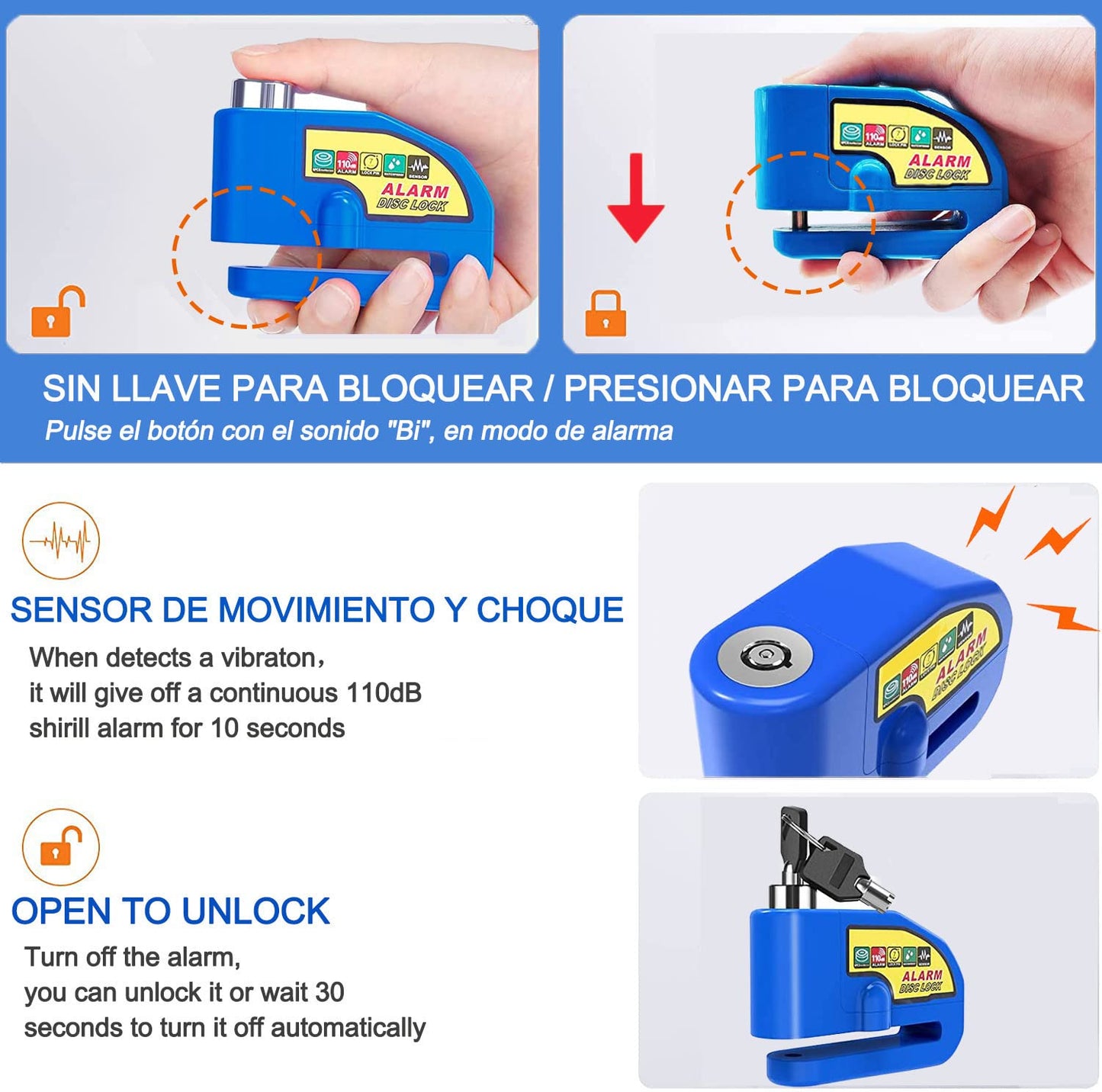 Cerradura de alarma de la motocicleta Alarma de disco de freno de la motocicleta Alarma de seguridad antirrobo a prueba de agua 110 decibelios de sonido de alarma con 4,3 pies de cable de alarma Adecuado para scooters Motocicletas azul