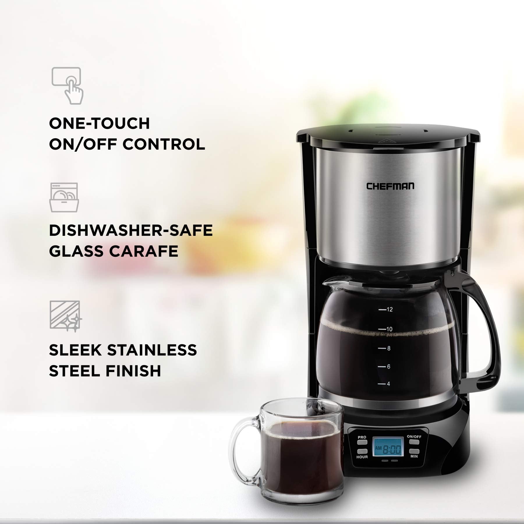Chefman | Cafetera Programable | 12 tazas | Goteo | Filtro Reutilizable | Acero Inoxidable
