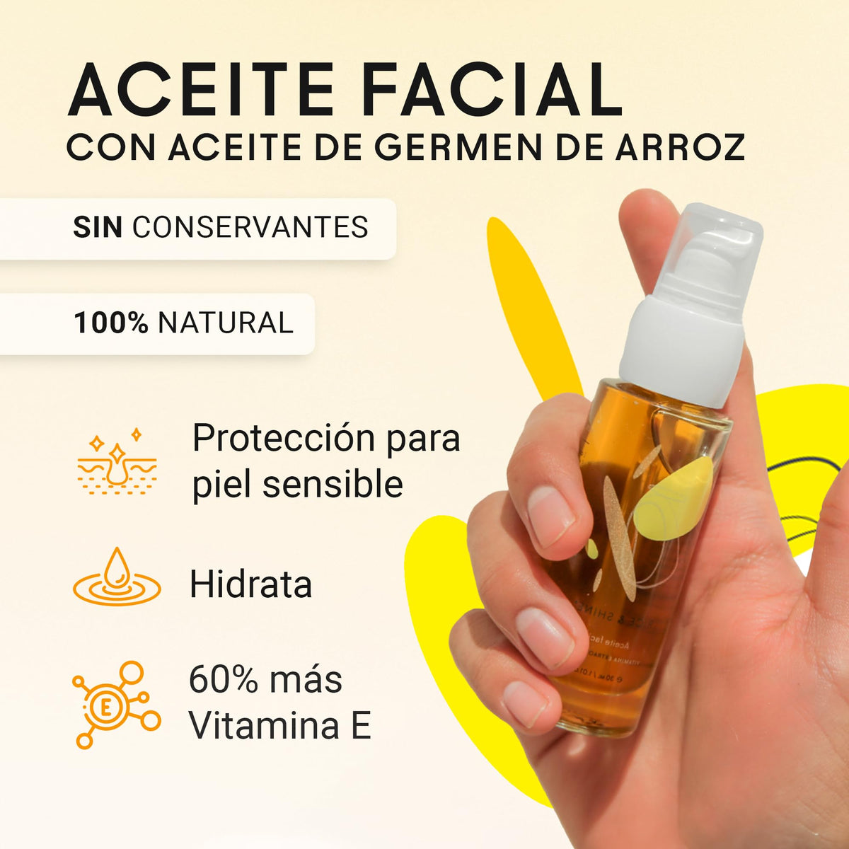 RICE & SHINE | Aceite de Germen de Arroz - Aceite Facial Natural con Vitamina E | Skin Care 60% más Vitamina E que el Aceite de Argán - Protección para Piel Sensible