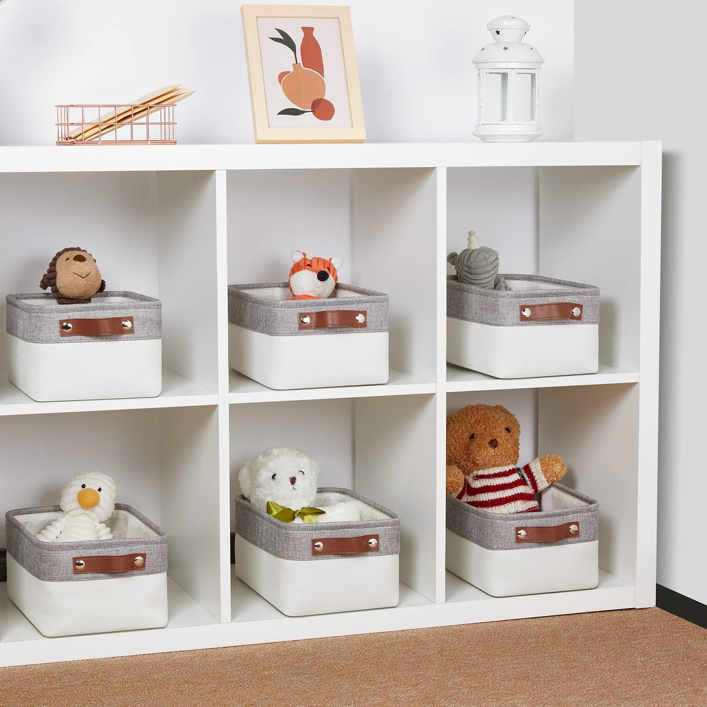 DULLEMELO Cestas de almacenamiento para organizar, pequeñas cestas de tela para estantes, armarios, guardería, hogar, oficina, cestas de regalo vacías (paquete de 6, gris y blanco)