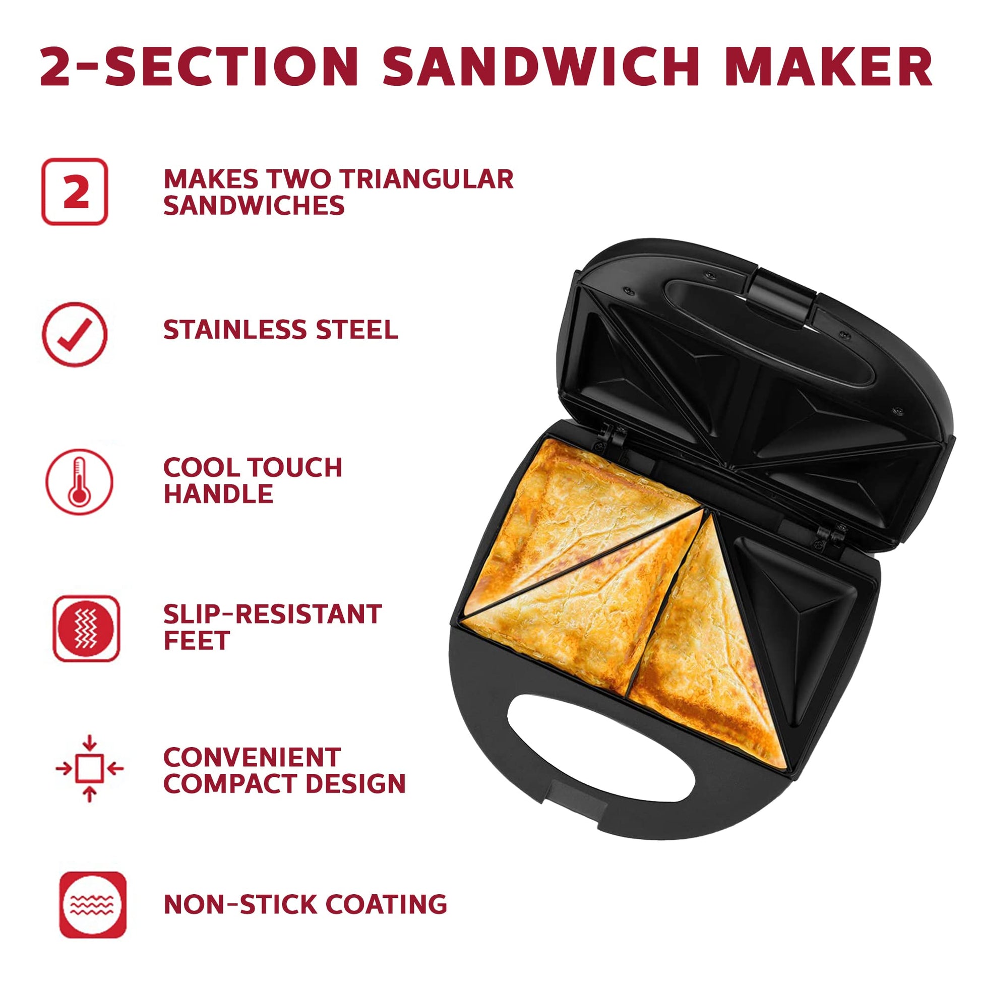 Holstein Housewares - Sandwichera antiadherente de 2 secciones, color negro, conveniente y fácil de usar. Ideal para desayuno, almuerzo, botanas y cena, sándwiches, 750W