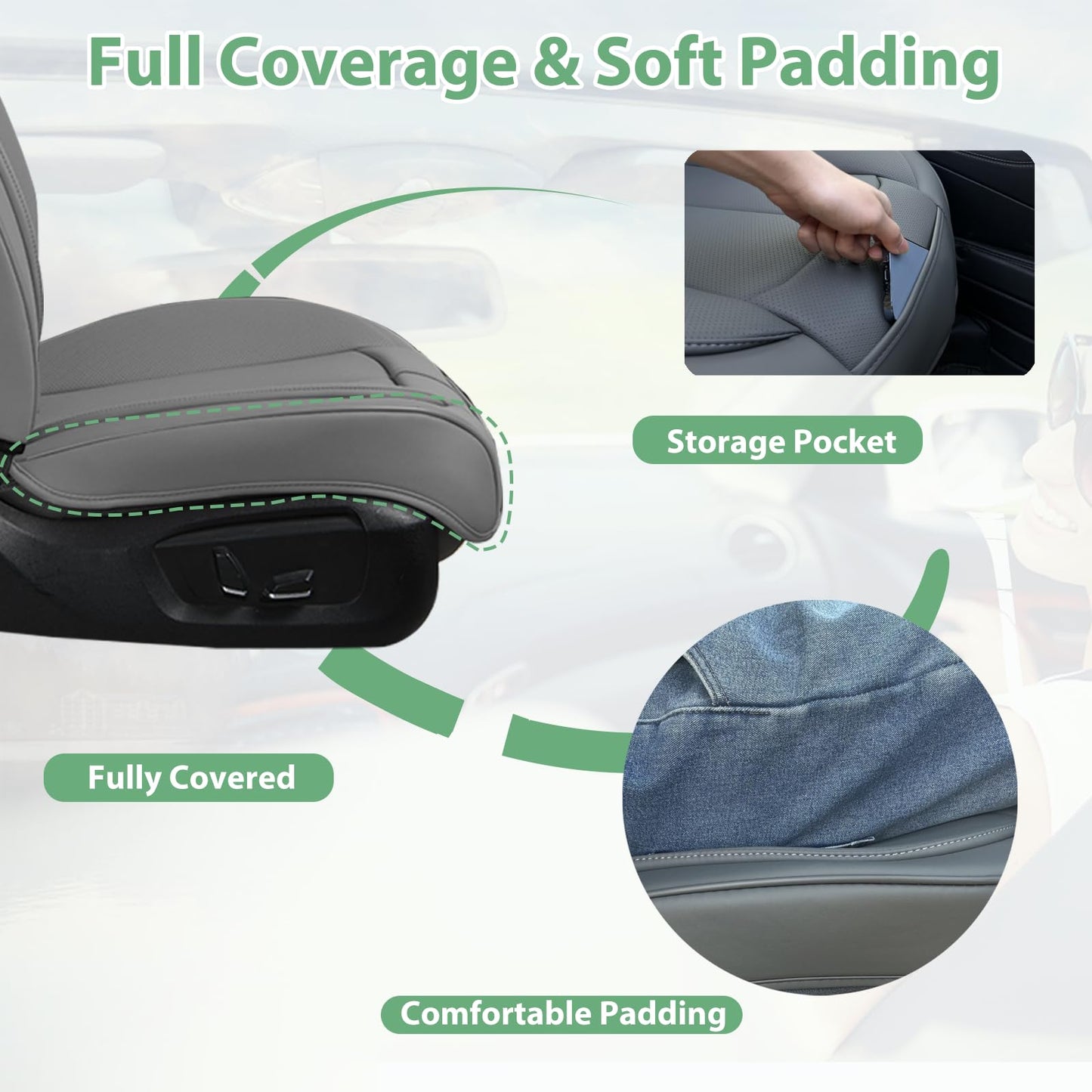 HOMOSTARRY 2 piezas de fundas de cuero para asiento delantero de coche, solo parte inferior, acolchado antideslizante, funda de cojín de asiento con función de almacenamiento, ajuste universal para la