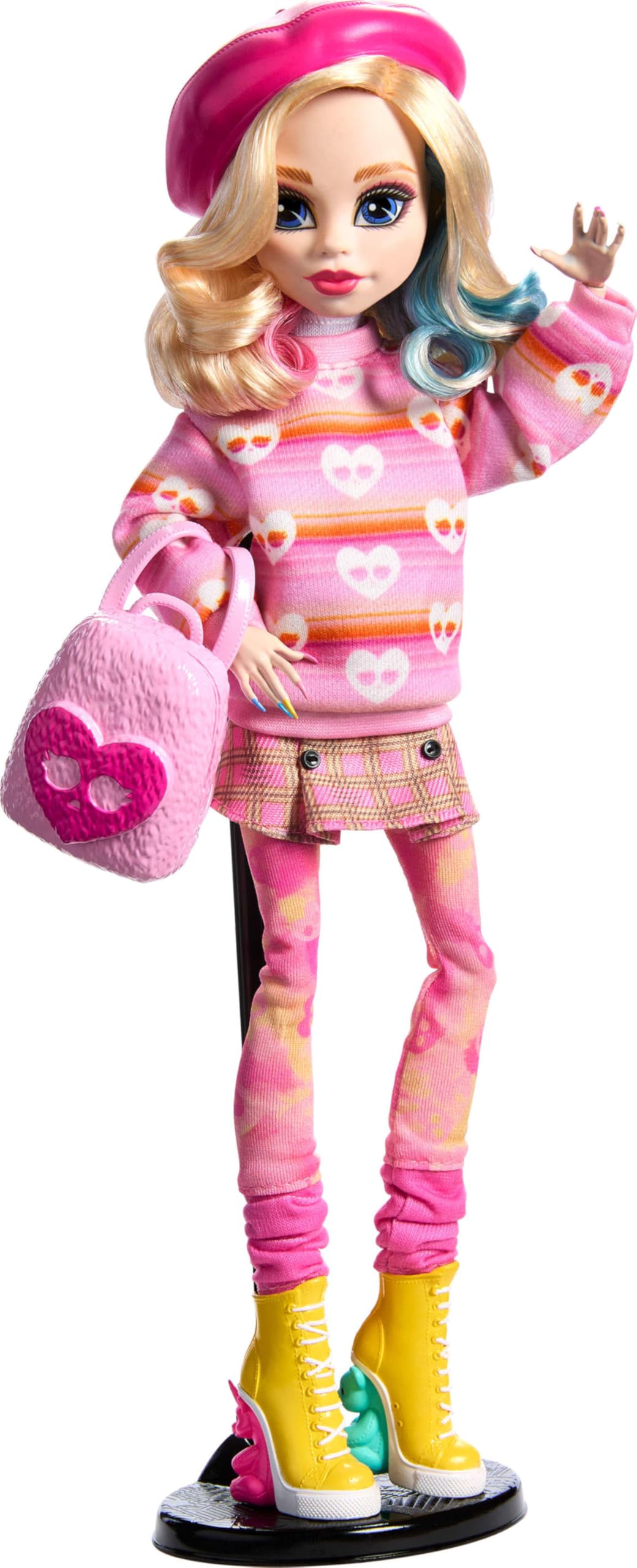 Muñeca Monster High Wednesday en Rosa con Boina y Mochila, Enid Sinclair Coleccionable con Soporte
